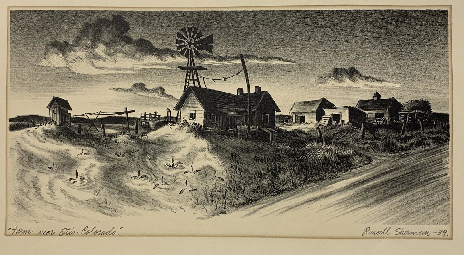 Bernard Joseph Steffen. "Dulcimer and Discord". Original regionalist lithograph of a man playing an: Bernard Joseph Steffen. "Dulcimer and Discord". Original regionalist lithograph of a man playing an instrument on his front porch. Pencil signed, dated 1939, and titled lower margin. Tape/hinge residu