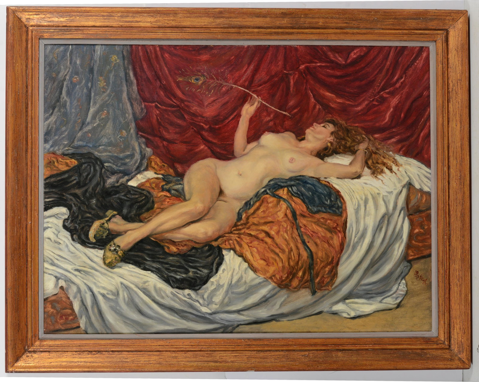 American school. "Odlesque". Reclining nude on a bed of fabrics. Signed and dated lower right. M. M.: American school. "Odlesque". Reclining nude on a bed of fabrics. Signed and dated lower right. M. M. Stief? 1984. Oil on canvas. Framed. Sight: 36 x 48in. Overall: 45 x 57in.