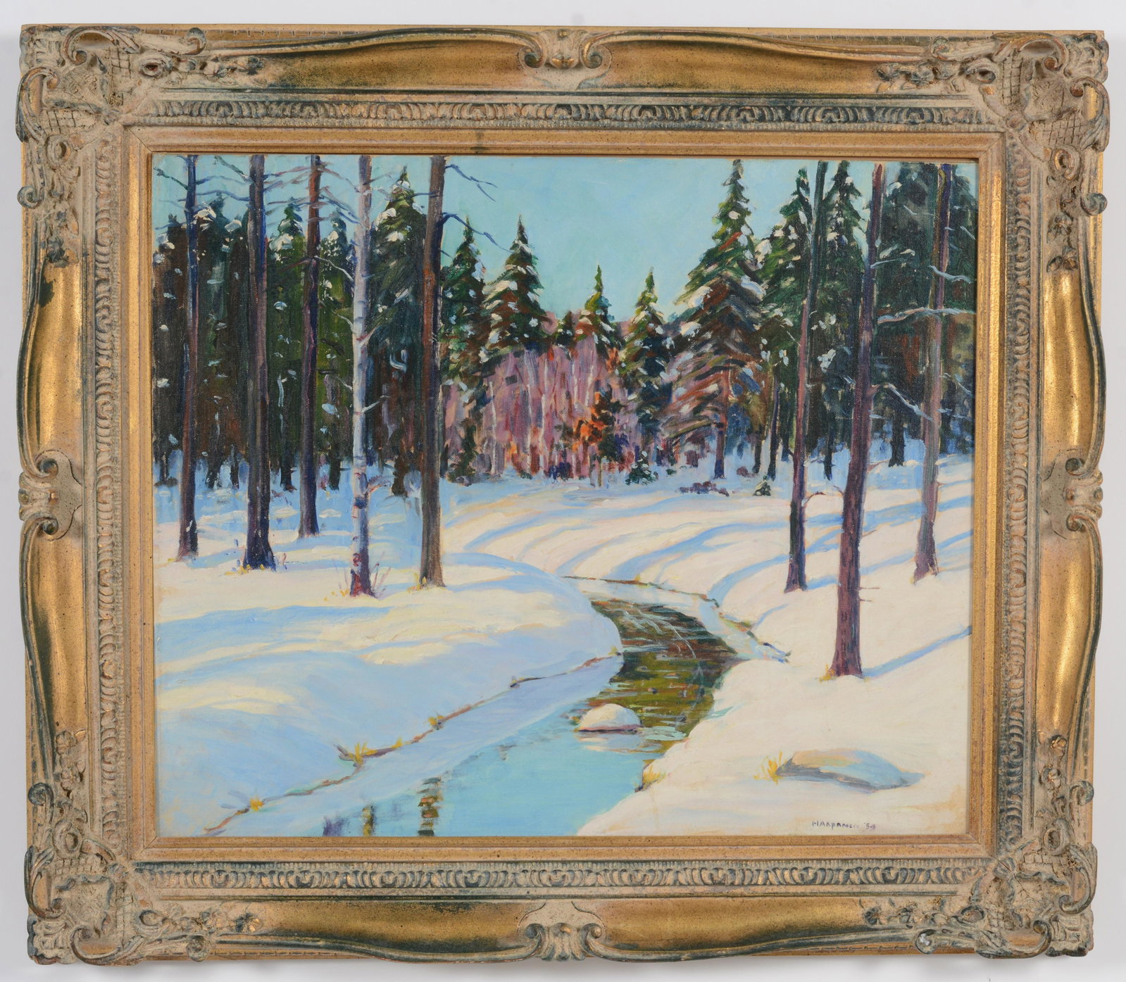 John Haapanen. Maine. 1954. Winter landscape with running brook. Oil on canvas. Signed lower right.: John Haapanen. Maine. 1954. Winter landscape with running brook. Oil on canvas. Signed lower right. Framed. Sight: 22 x 26in. Overall: 27 x 31in.