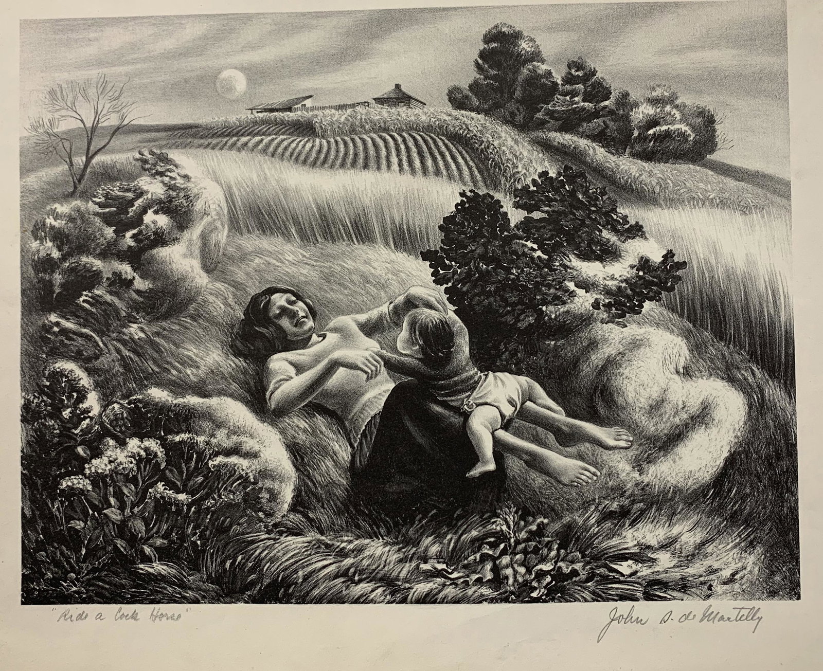 John de Martelly. "Ride a Cock Horse". Original WPA regionalist lithograph depicting a mother: John de Martelly. "Ride a Cock Horse". Original WPA regionalist lithograph depicting a mother playing with her child in grain fields. Pencil signed and titled lower margin. Small tear bottom center ed
