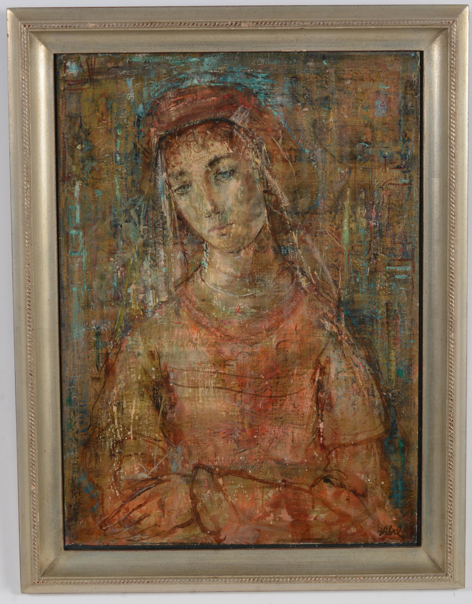 Edna Hibel. Portrait of a young woman with headscarf. Signed lower right. Oil on plywood panel.: Edna Hibel. Portrait of a young woman with headscarf. Signed lower right. Oil on plywood panel. Framed. Image size 26 x 19 in. Overall size 30 x 23 in