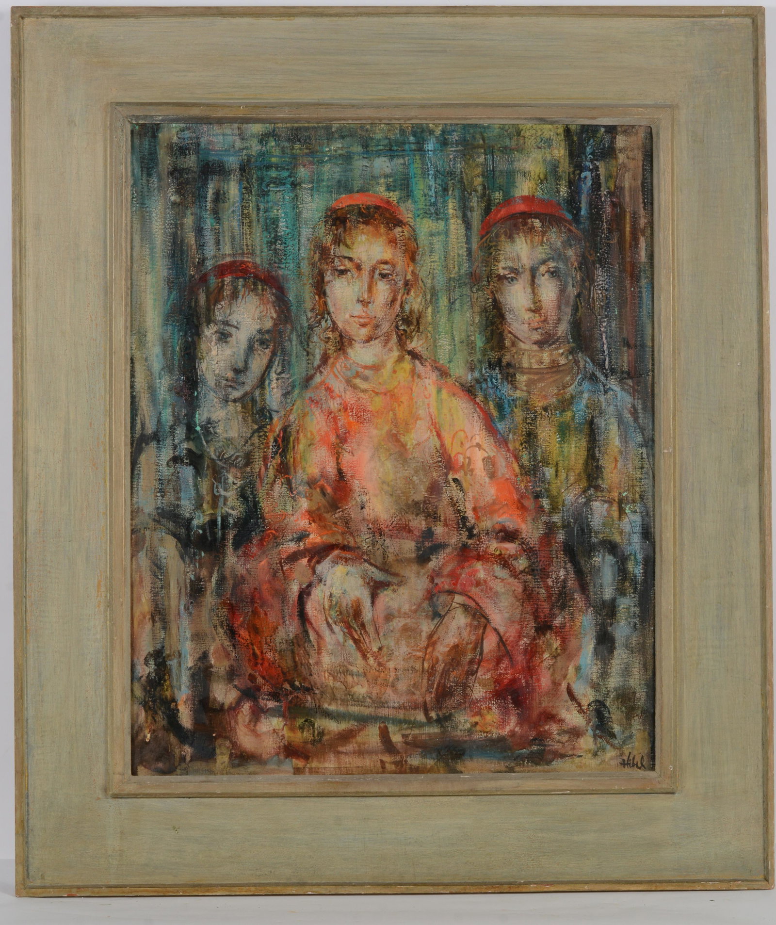 Edna Hibel. "Three Figures" Portrait of three young women in red caps. Signed lower right. Oil on: Edna Hibel. "Three Figures" Portrait of three young women in red caps. Signed lower right. Oil on canvas. Image size 36 x 29 in. Overall size 48 x 41 in