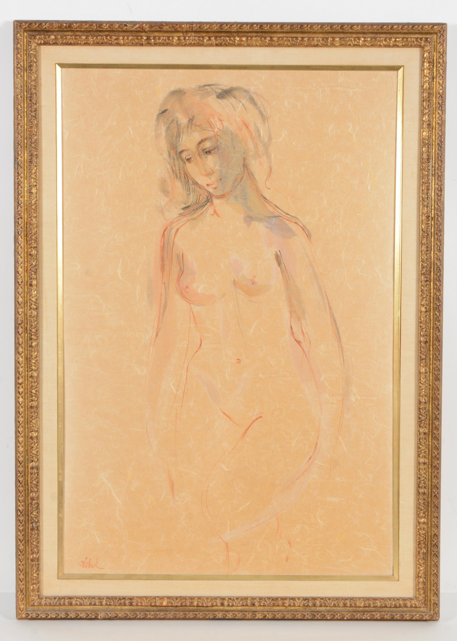 Edna Hibel. Standing nude. Mixed media on paper. Signed lower left. Framed. Overall: 42 x 30in.: Edna Hibel. Standing nude. Mixed media on paper. Signed lower left. Framed. Overall: 42 x 30in.