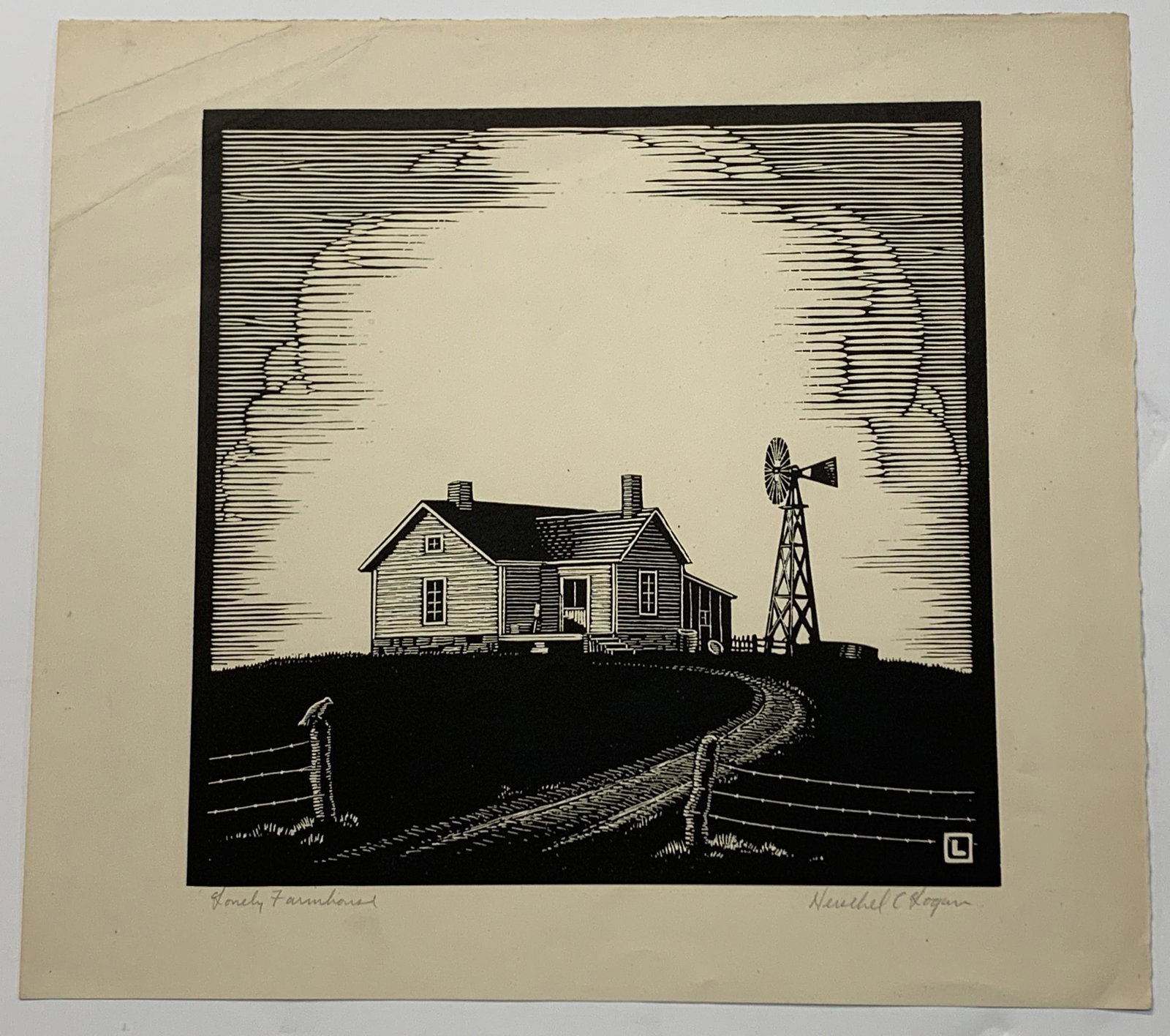 Herschel Logan. "Lonely Farmhouse". Original woodblock of a silhouetted hilltop farm with windmill.: Herschel Logan. "Lonely Farmhouse". Original woodblock of a silhouetted hilltop farm with windmill. Monogram signature in plater lower right. Pencil signed and titled lower margin. Several flattened c