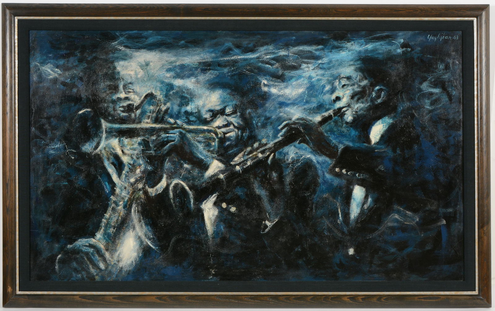 Edmund Yaghjian. 1963. Large New Orleans jazz scene featuring Louis Armstrong playing the trumpet: Edmund Yaghjian. 1963. Large New Orleans jazz scene featuring Louis Armstrong playing the trumpet and others. Oil on board. Signed and dated upper right. Framed. Sight: 27 x 46in. Overall: 31 x 50.5in