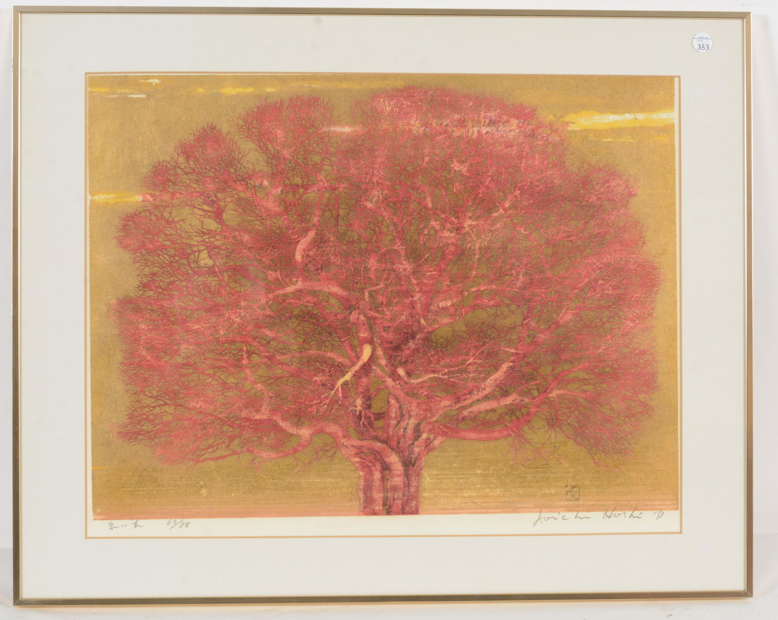Joichi Hoshi. Japanese. Color woodblock print of a maroon tree set against a gold background. 1973.: Joichi Hoshi. Japanese. Color woodblock print of a maroon tree set against a gold background. 1973. Signed and dated in pencil lower right. Artist seal in plate lower right. Image slipped in frame. Fr