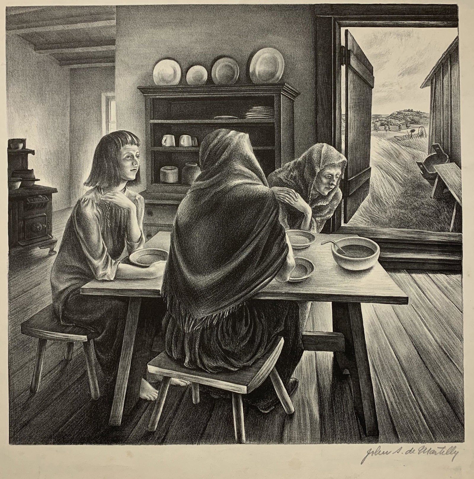 John de Martelly. "Give Us This Day". Original WPA regionalist lithograph of a poor family sitting: John de Martelly. "Give Us This Day". Original WPA regionalist lithograph of a poor family sitting down for a meal with the door open, revealing midwestern grain fields. Pencil signed lower right. Min