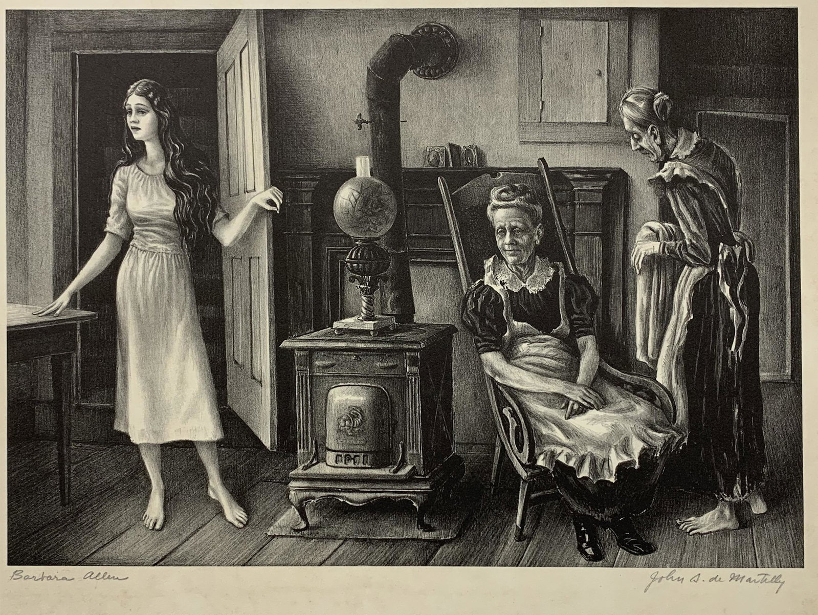 John de Martelly. "Barbara Allen". Original WPA regionalist lithograph of three generations of women: John de Martelly. "Barbara Allen". Original WPA regionalist lithograph of three generations of women around a cast iron stove. Pencil signed and titled lower margin. Dirtying, staining in margin. Shee