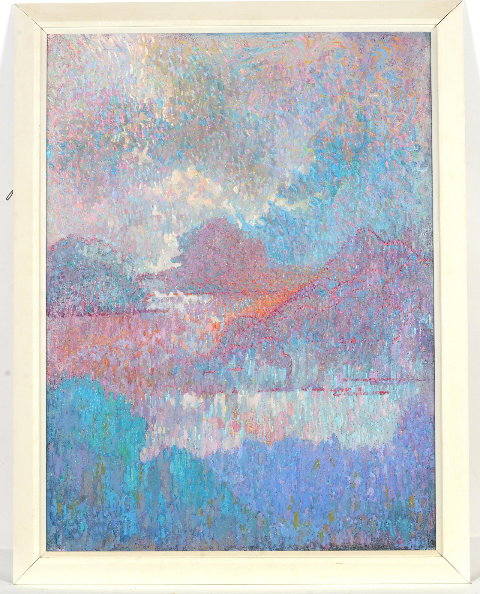 Alfred Duca. "Lambert's Cove". Martha's Vineyard pointalist seascape in evening light. Oil on: Alfred Duca. "Lambert's Cove". Martha's Vineyard pointalist seascape in evening light. Oil on canvas. Signed and dated '90 lower right. Signed, titled, and dated on reverse. Framed. Sight: 40 x 30in. 