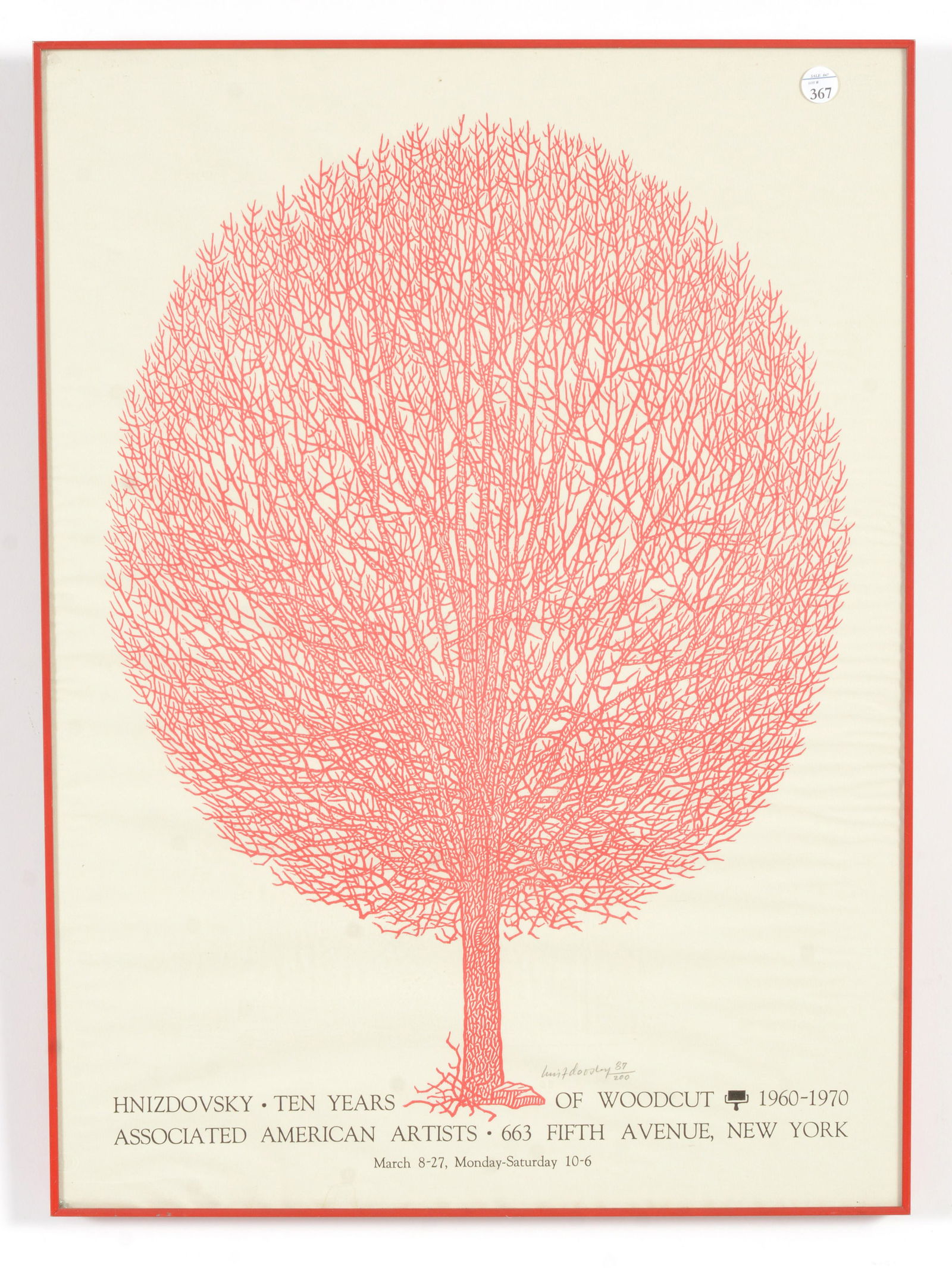 Jacques Hnizdovsky. Signed limited edition woodcut exhibition poster. American Associated Artists.: Jacques Hnizdovsky. Signed limited edition woodcut exhibition poster. American Associated Artists. Ca. 1970. Signed and numbered 87/200 in pencil lower center right. Paper buckling at edges. Minor soi