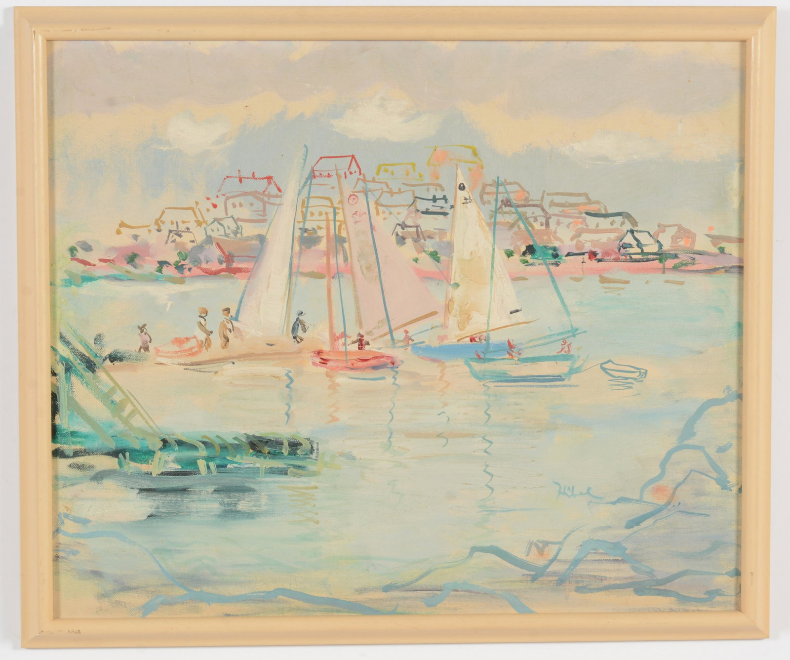 Edna Hibel. Sailboats in harbor. Signed lower left. Oil on canvas. White molded frame. Image size 20: Edna Hibel. Sailboats in harbor. Signed lower left. Oil on canvas. White molded frame. Image size 20 x 24 in.