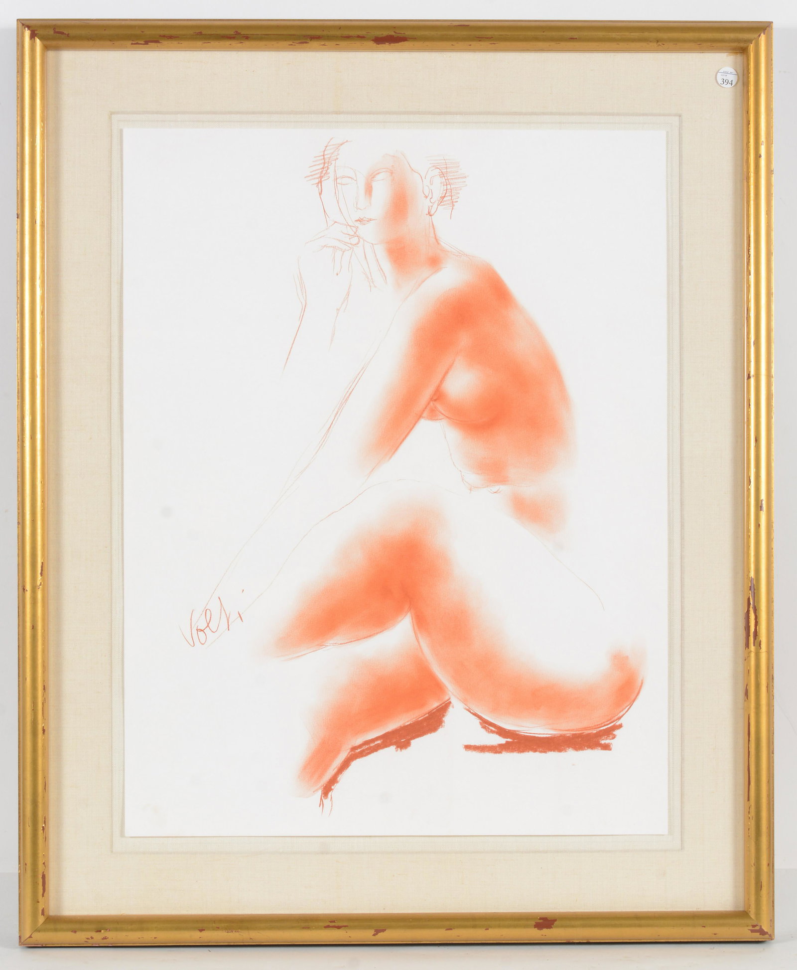 Antoniucci Voltigerio Volti. French/Italian 20th Century. "Drawing #7" Nude. Sanguine on paper.: Antoniucci Voltigerio Volti. French/Italian 20th Century. "Drawing #7" Nude. Sanguine on paper. Gallery label verso Framed, laid on linen. Image size 25 x 19.5 in. Overall size 27.5 x 33.5 in