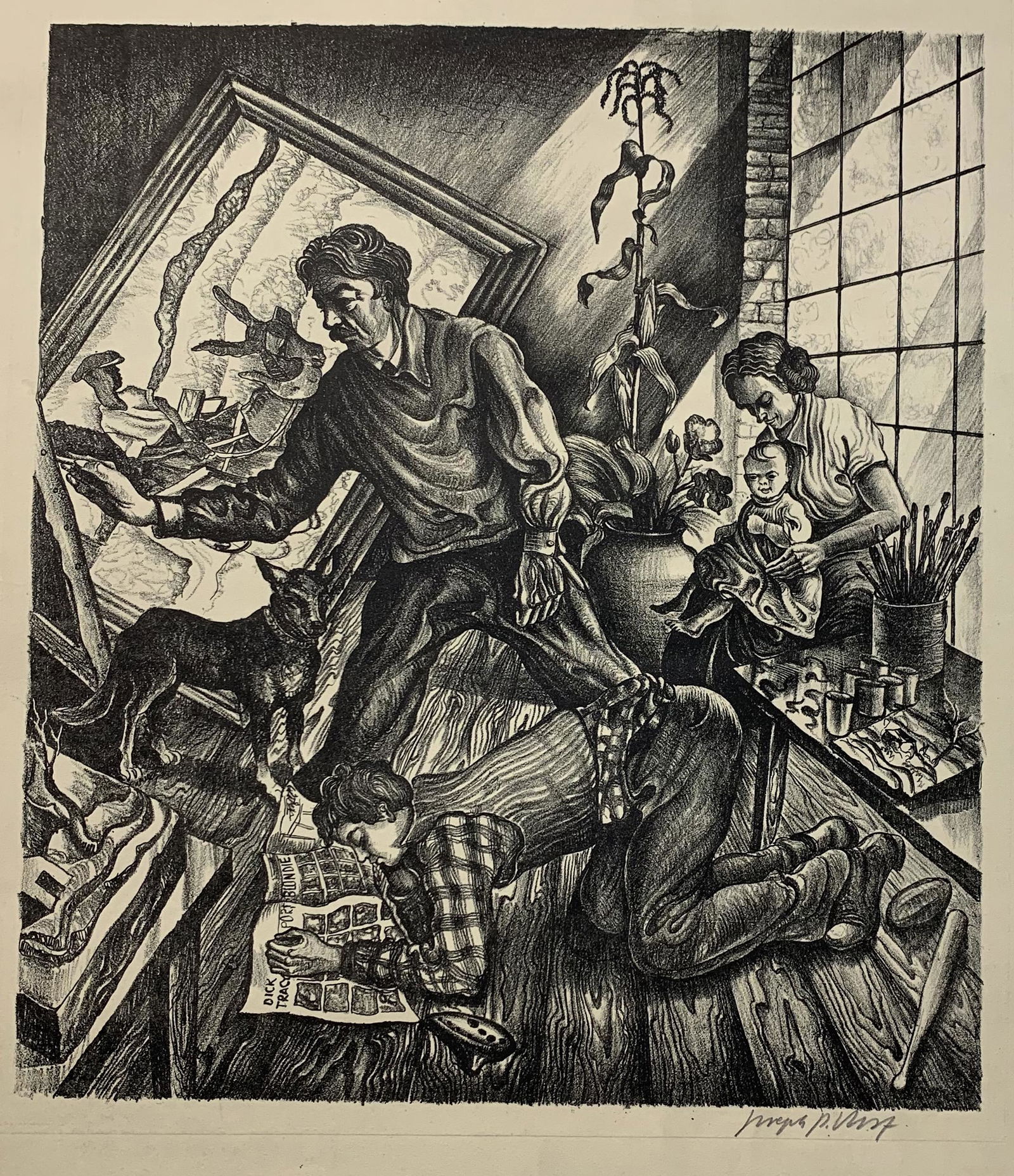 Joseph John Paul Meert. Original lithograph depicting Thomas Hart Benton at his easel surrounded by: Joseph John Paul Meert. Original lithograph depicting Thomas Hart Benton at his easel surrounded by family and dog. Pencil signed lower right. Toning. Paper residue at edges of sheet. Sheet size: 20.7