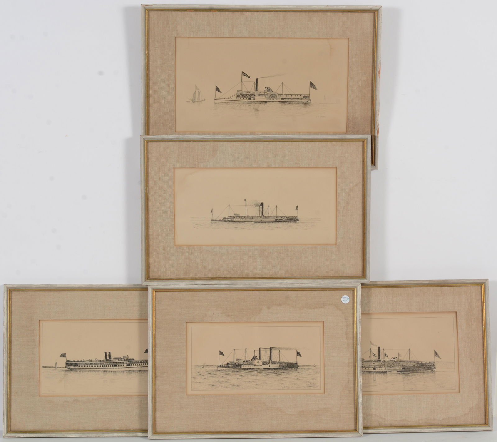 Joseph Pennell. View of New York with ship. Etching, proof on tissue in brown ink. Signed lower: Joseph Pennell. View of New York with ship. Etching, proof on tissue in brown ink. Signed lower right under mat Sheet size 13 x 8.5 in Image size 7.5 x 8.75 in. Label verso, staining, artist finger pr