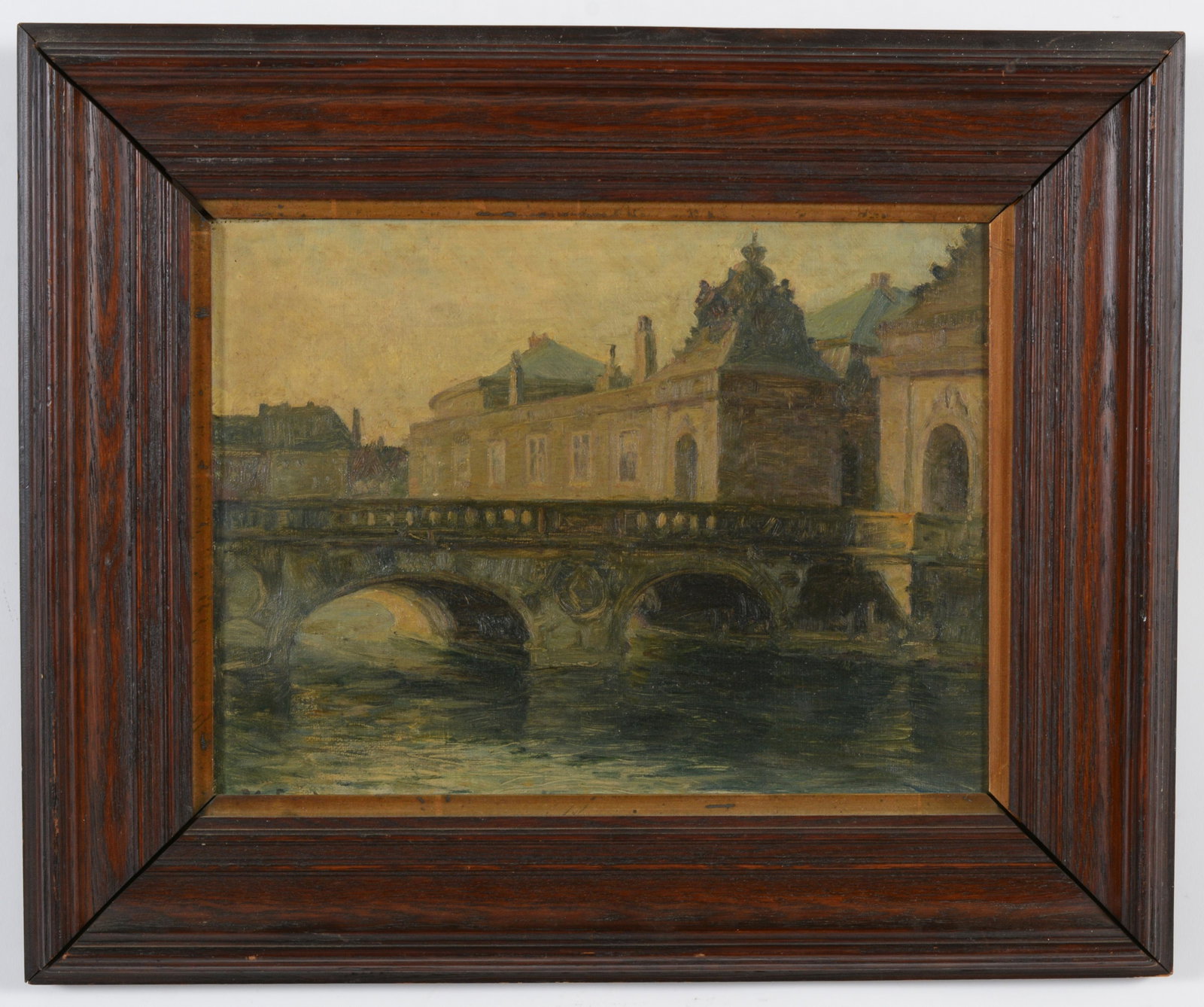 Early 20th century continental impressionist cityscape painting. View of a bridge and building: Early 20th century continental impressionist cityscape painting. View of a bridge and building facades. Oil on canvas. Framed. Signed lower left "Ku Ford". Image would benefit from cleaning. Small pai