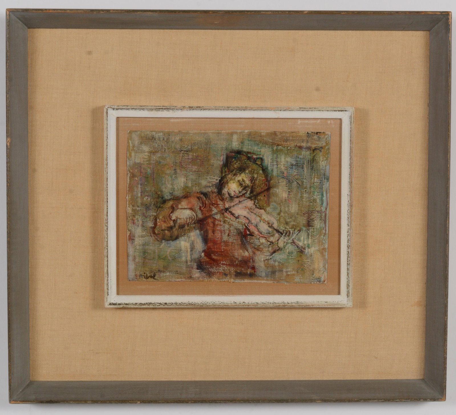 Edna Hibel. Violinist. Signed lower left Hibel. Oil on canvas laid on linen frame. Double linen: Edna Hibel. Violinist. Signed lower left Hibel. Oil on canvas laid on linen frame. Double linen frame. Image size 6.75 x 8.75 in, Overall size 17 x 19 in