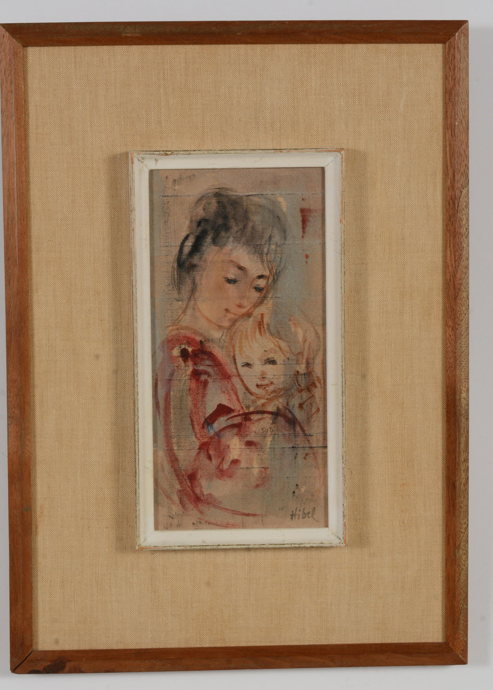 Edna Hibel. Mother with child. Signed lower right in ink Hibel. Oil on linen. Double molded frame.: Edna Hibel. Mother with child. Signed lower right in ink Hibel. Oil on linen. Double molded frame. Image size 9.75 x 5 in, Overall size 17.75 x 12.5 in