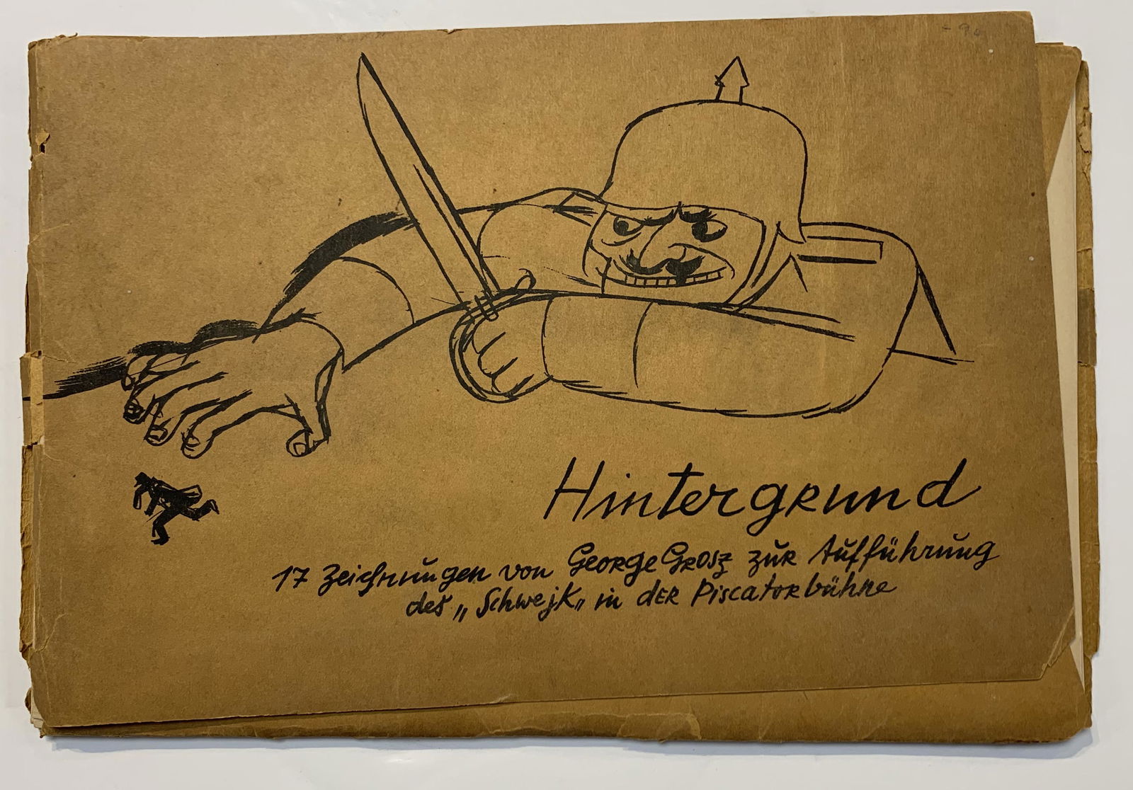 George Grosz. "Hintergrund". 17 lithograph cartoon illustrations depicting characters and scenes: George Grosz. "Hintergrund". 17 lithograph cartoon illustrations depicting characters and scenes from World War 1. Includes original paper wraps with some damages and minor losses. 7 x 10.75in.