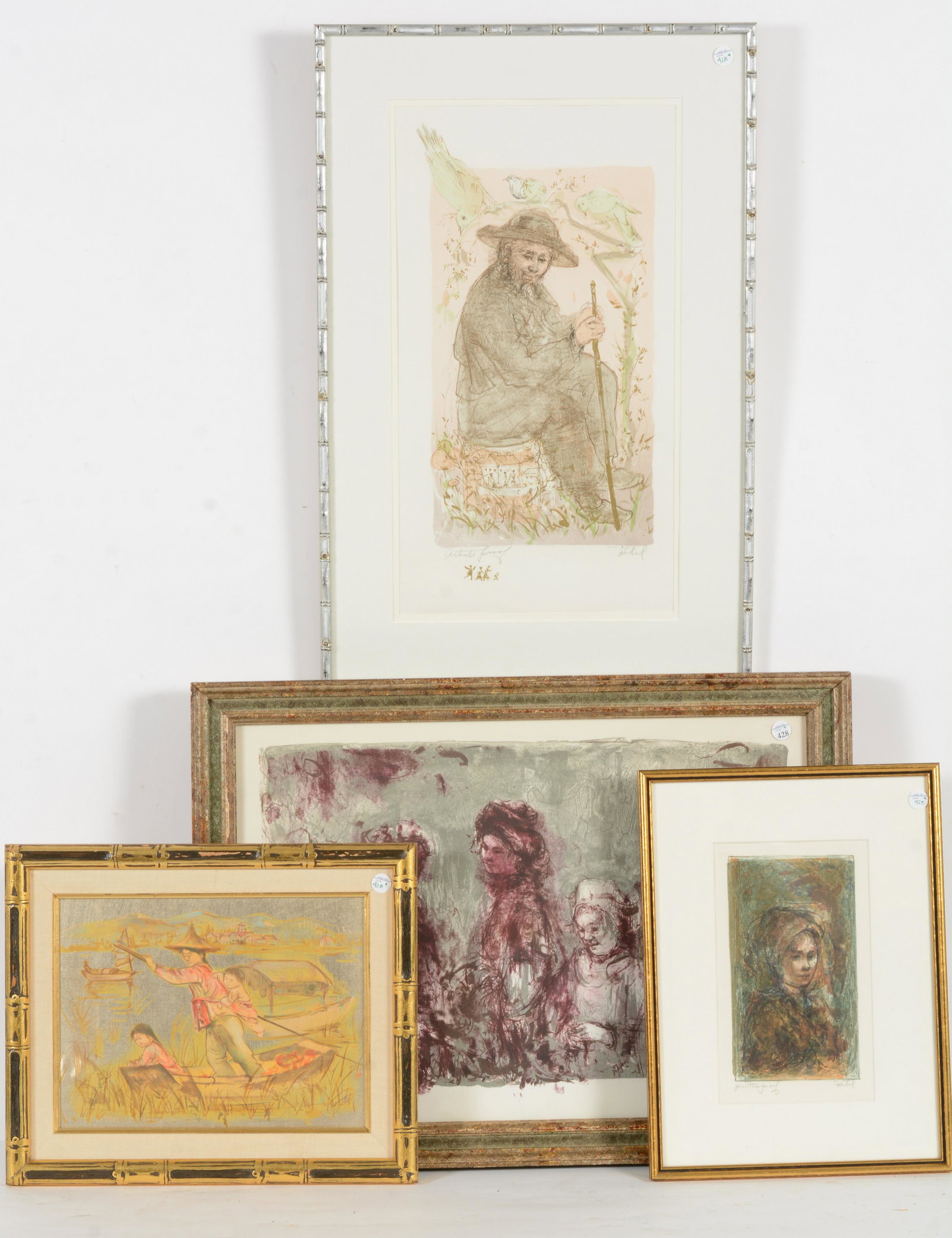 Edna Hibel. 4 Prints. Including lithographs; Young girl, Image of four figures "Brittany Ed '75",: Edna Hibel. 4 Prints. Including lithographs; Young girl, Image of four figures "Brittany Ed '75", Man seated with walking stick and a Asian motif printed on silk with bamboo frame