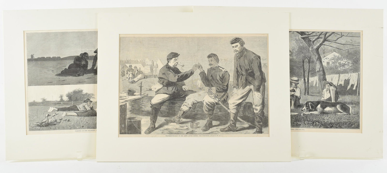 3 Winslow Homer engravings from Harper's Weekly. 1) Thanksgiving Day in the Army - After Dinner: The: 3 Winslow Homer engravings from Harper's Weekly. 1) Thanksgiving Day in the Army - After Dinner: The Wishbone. 2) The Nooning. 3) Flirting on the Sea Shore and on the Meadow. Each matted. Overall: 14 