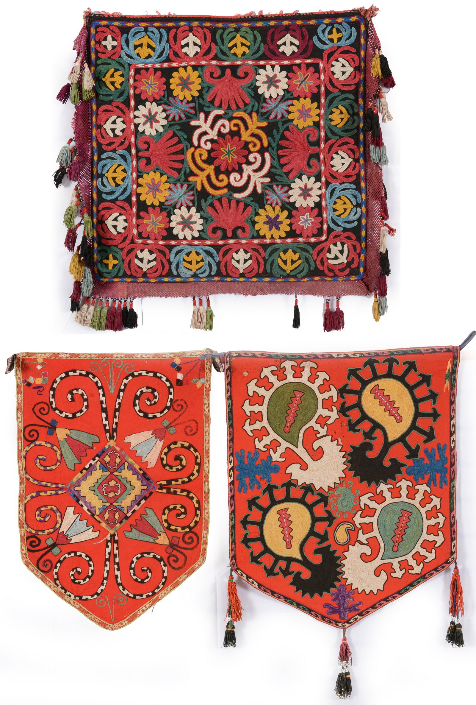 Three Uzbek Embroideries, ca. 1900 each approx. 2 ft. x 2 ft. Provenance: The George Gilmore: Three Uzbek Embroideries, ca. 1900 each approx. 2 ft. x 2 ft. Provenance: The George Gilmore collection.