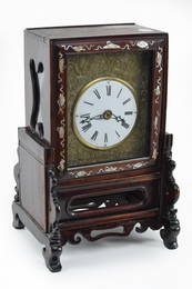 Chinese export mother of pearl inlaid rosewood box clock on stand. Sliding front door. Dovetail