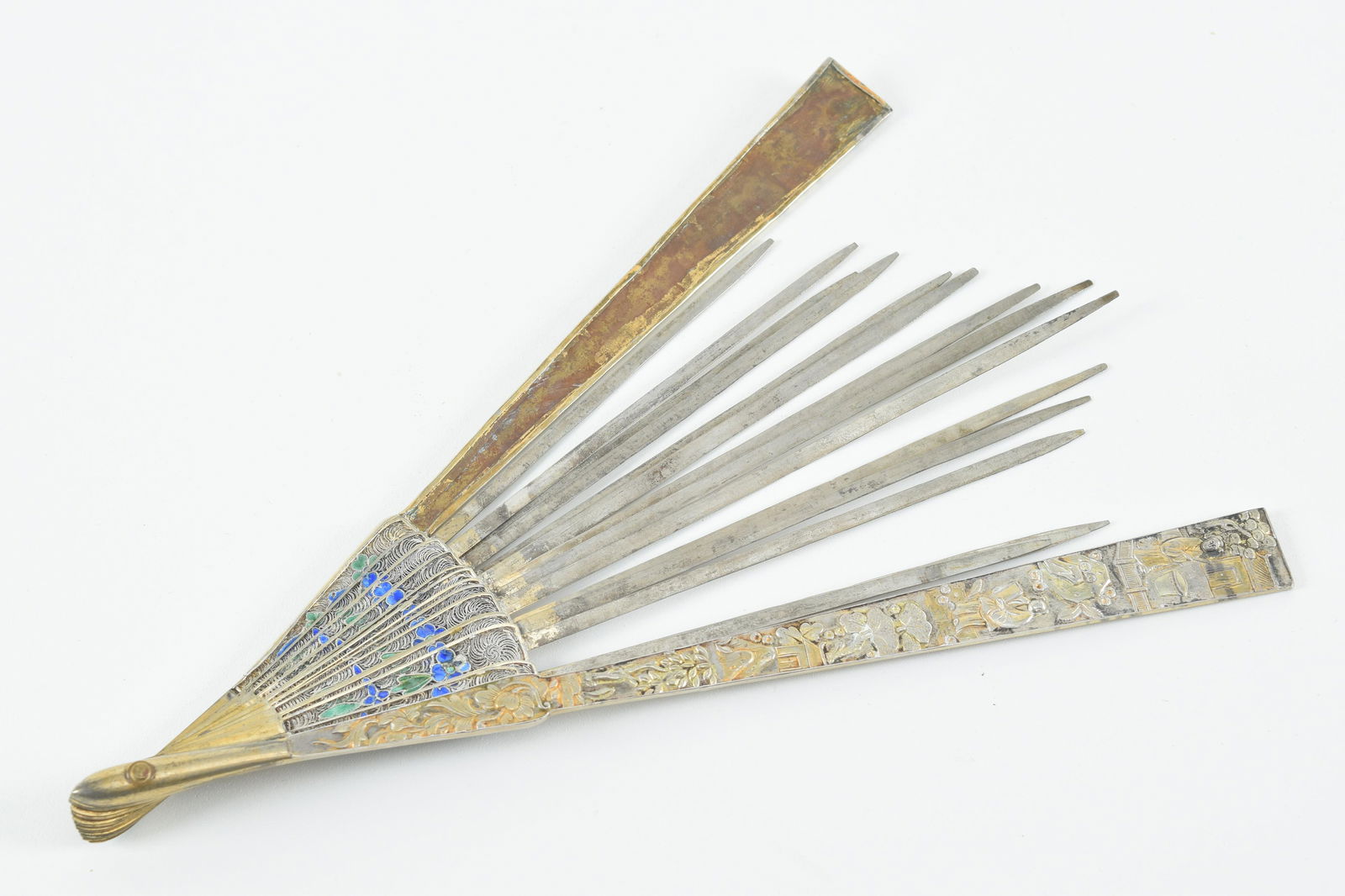 19th century Chinese export enameled silver fan with figural landscape decoration and pierced floral (1 of 4)
