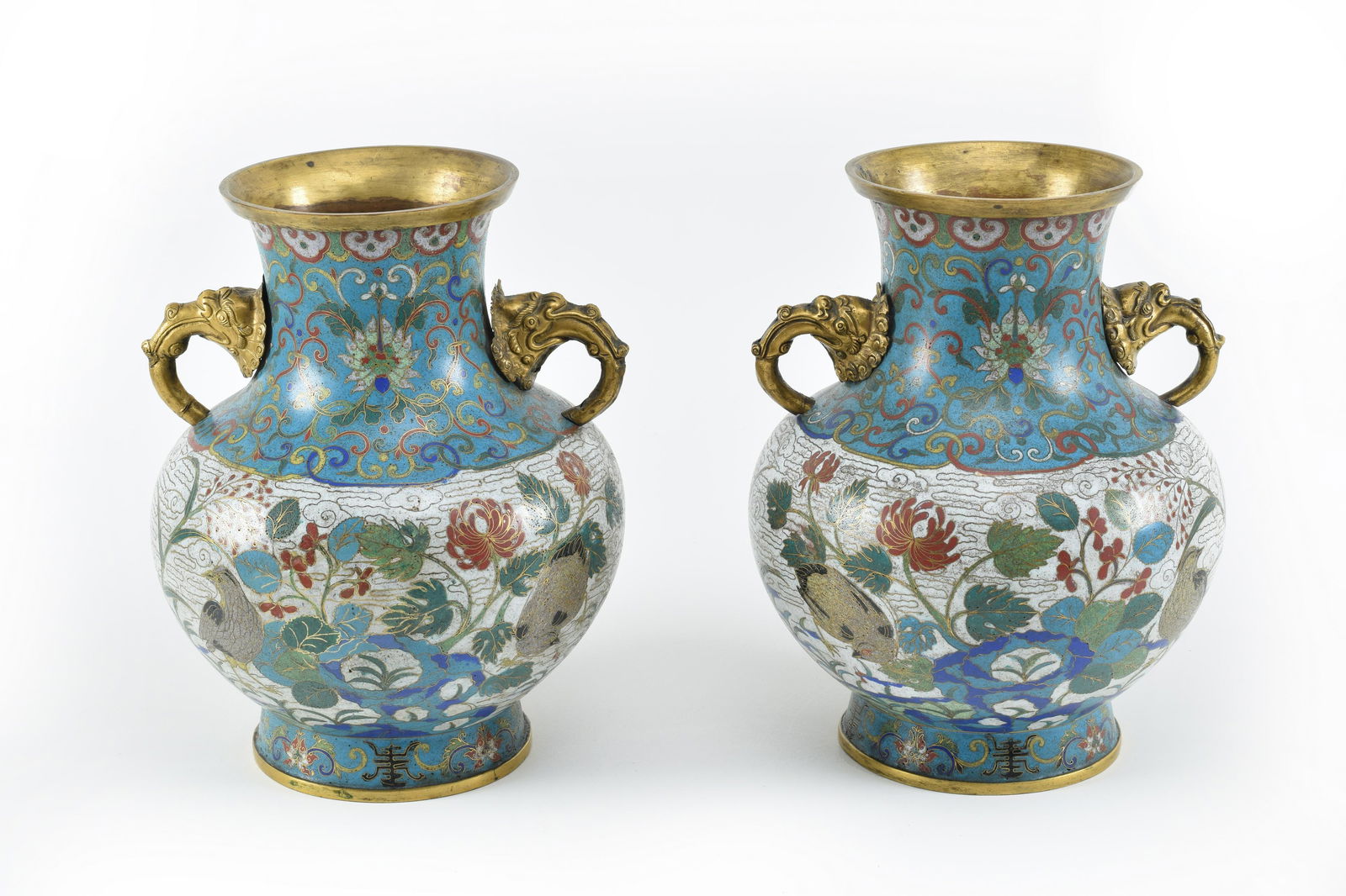 Chinese Qing period large cloisonne vases with molded elephant head handles. Gilt copper mounts. (1 of 11)