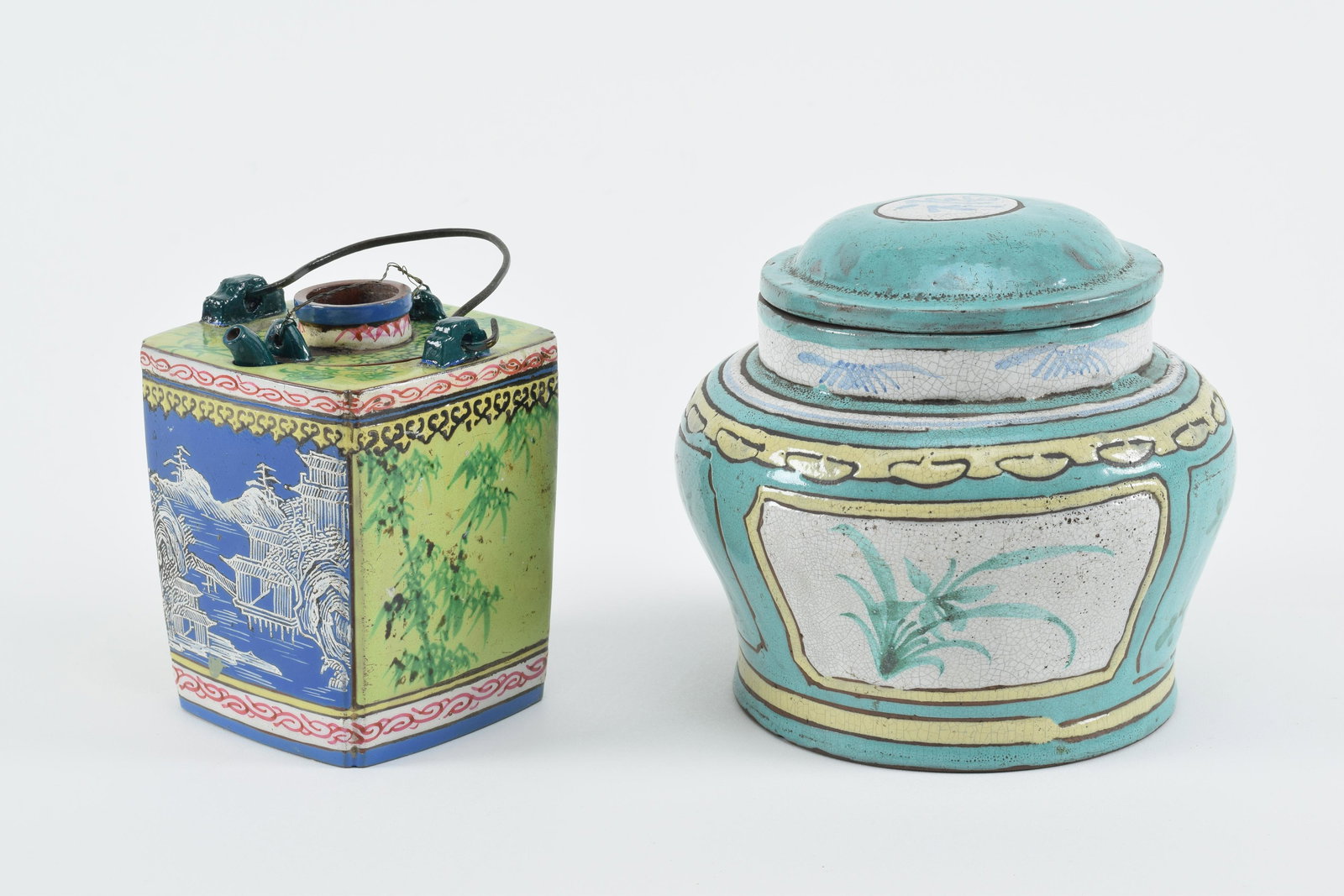 2 Chinese yixing enamelled ware pieces. 1) Square form teapot with blue and green ground landscape (1 of 9)