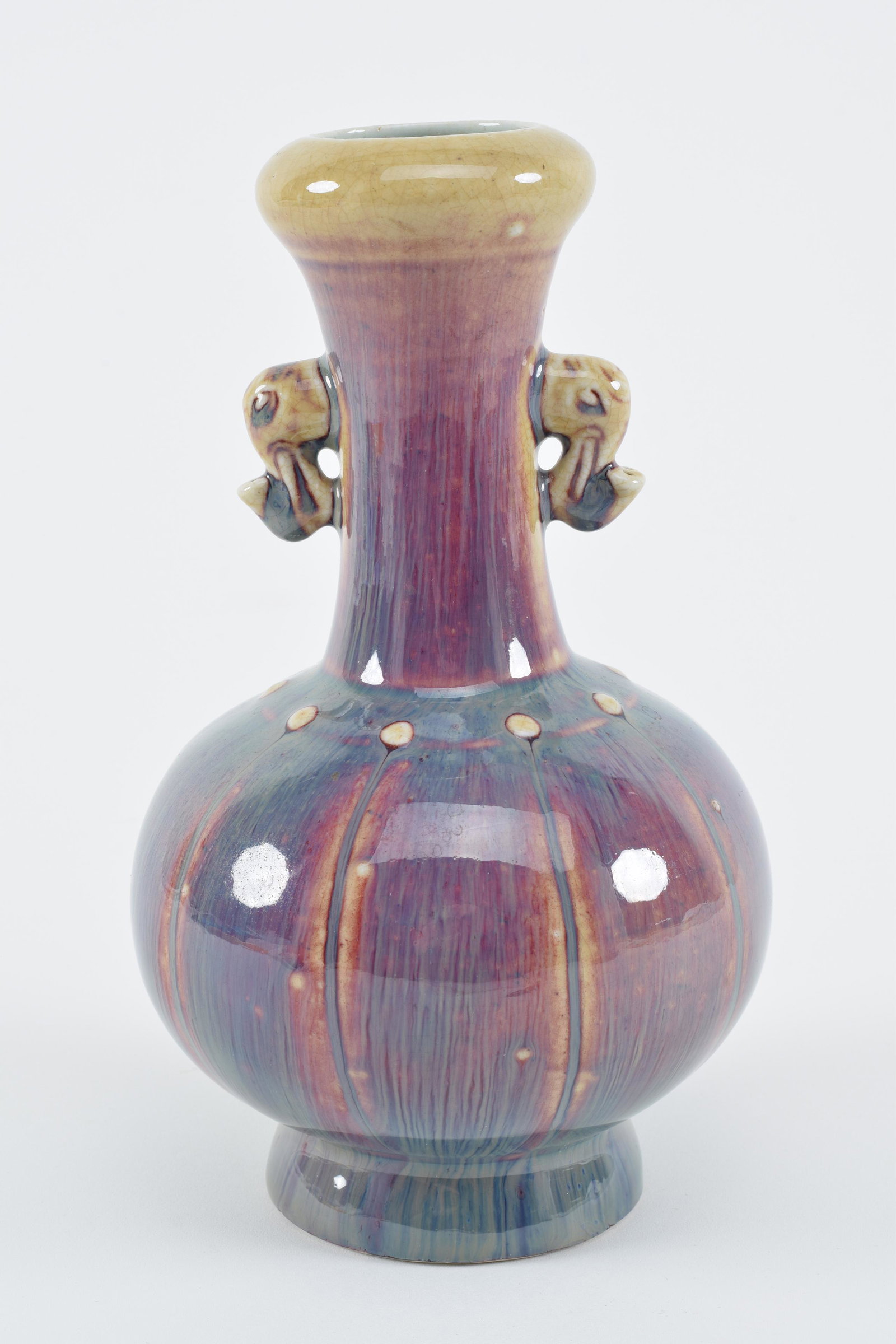 Chinese flambe decorated elephant handled porcelain vase with raised button decoration. Brown glazed (1 of 7)