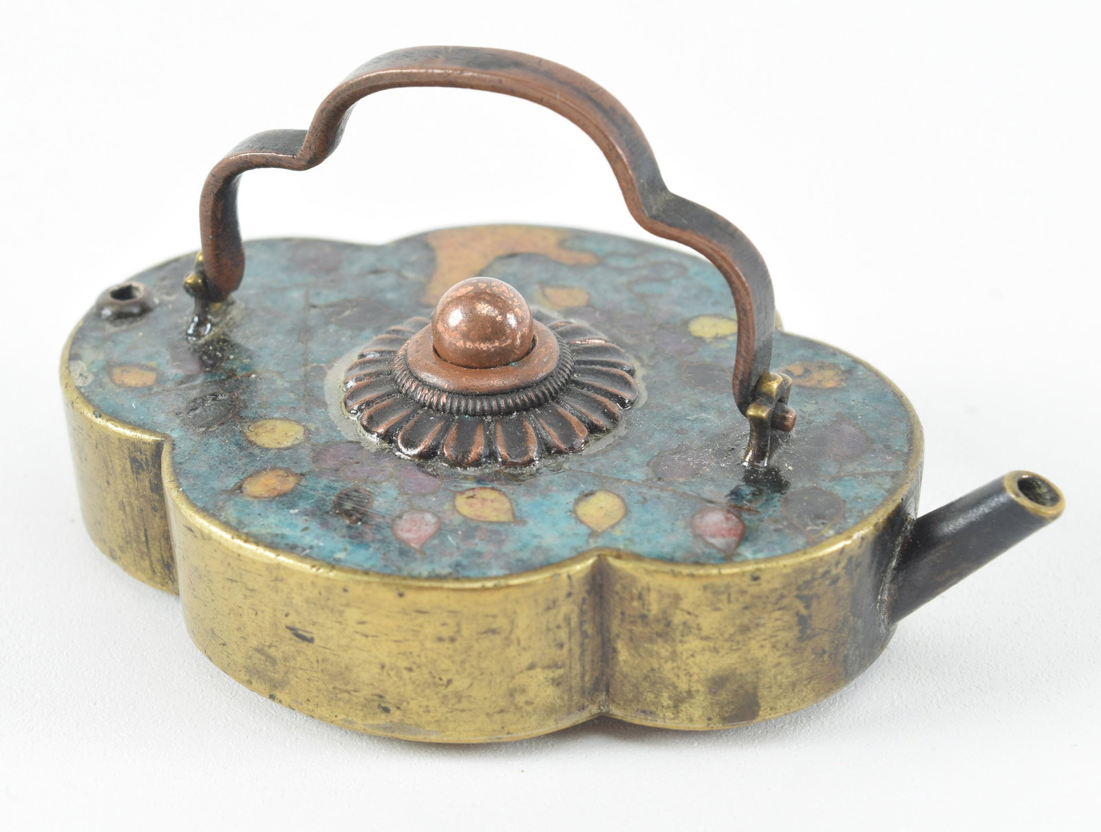 Japanese cloisonne flat teapot form water pot. 3.25in wide.: Japanese cloisonne flat teapot form water pot. 3.25in wide.