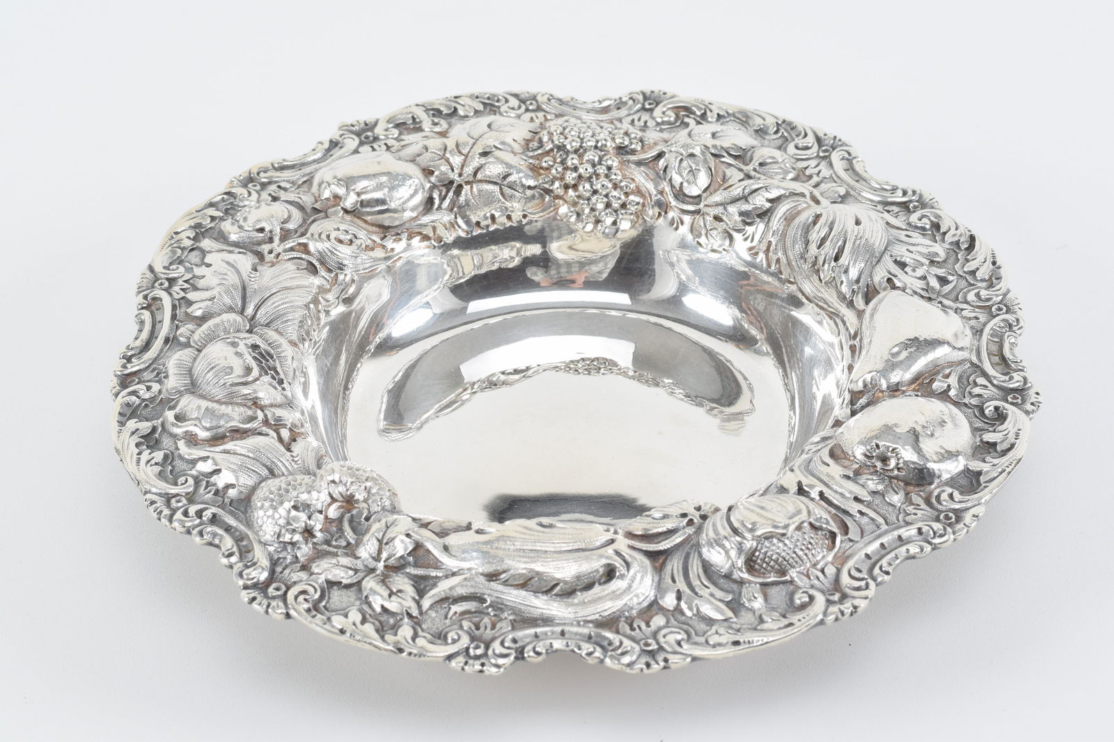 E. F. Caldwell sterling silver berry bowl with ornate repousse fruit and flower scrollwork (1 of 7)
