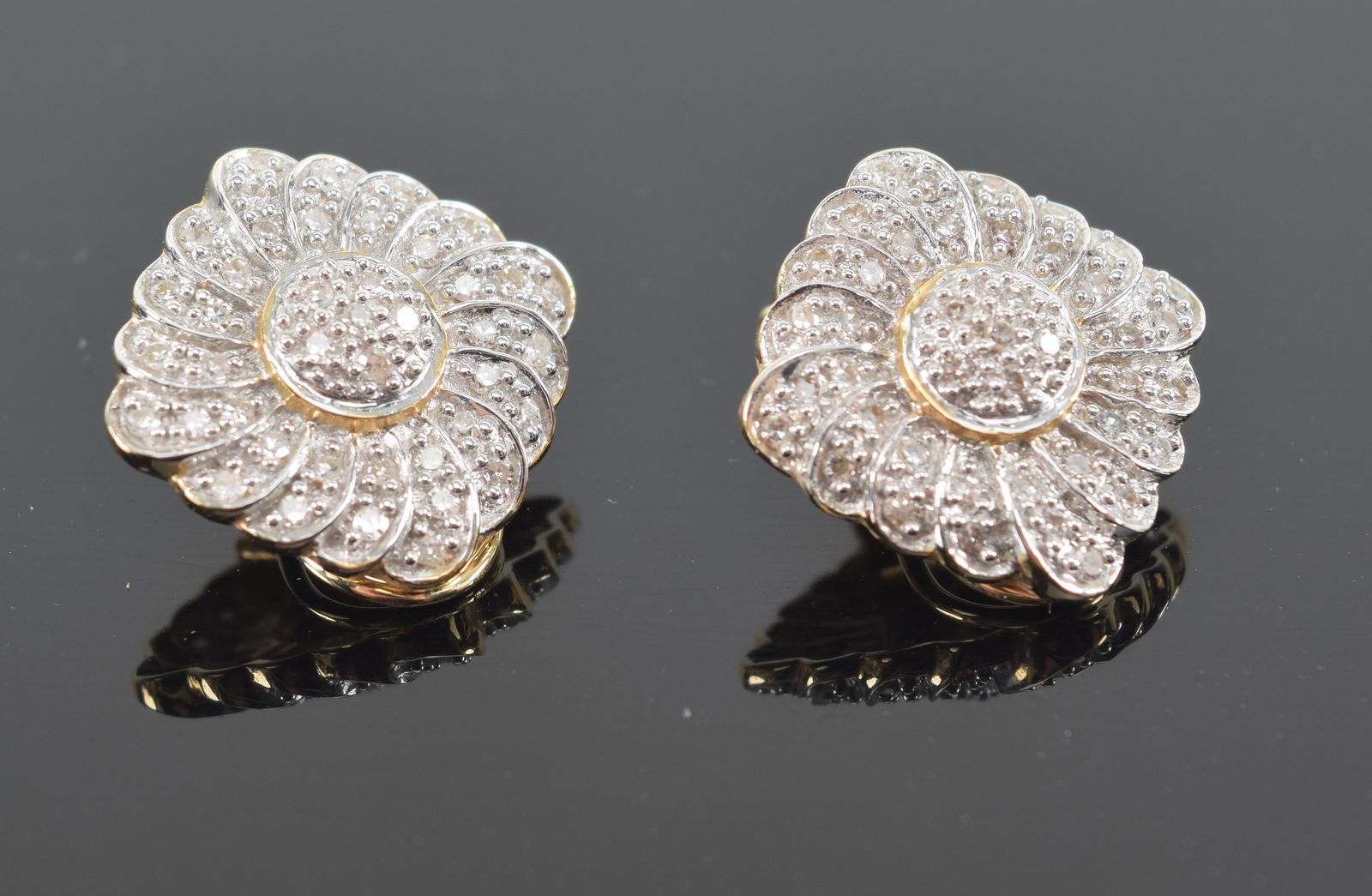 14K 2 color gold square flower form diamond mounted earrings. Marked 14K. 1/2 square. 4.8 grams. (1 of 6)