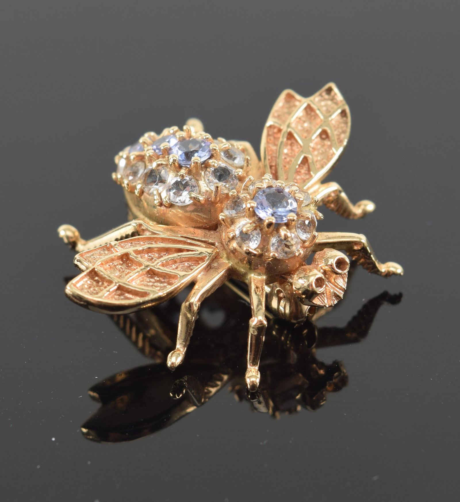 14K gold figural bee form pin. Mounted with stones. Marked. 1" wide. 4.8 grams. (1 of 5)