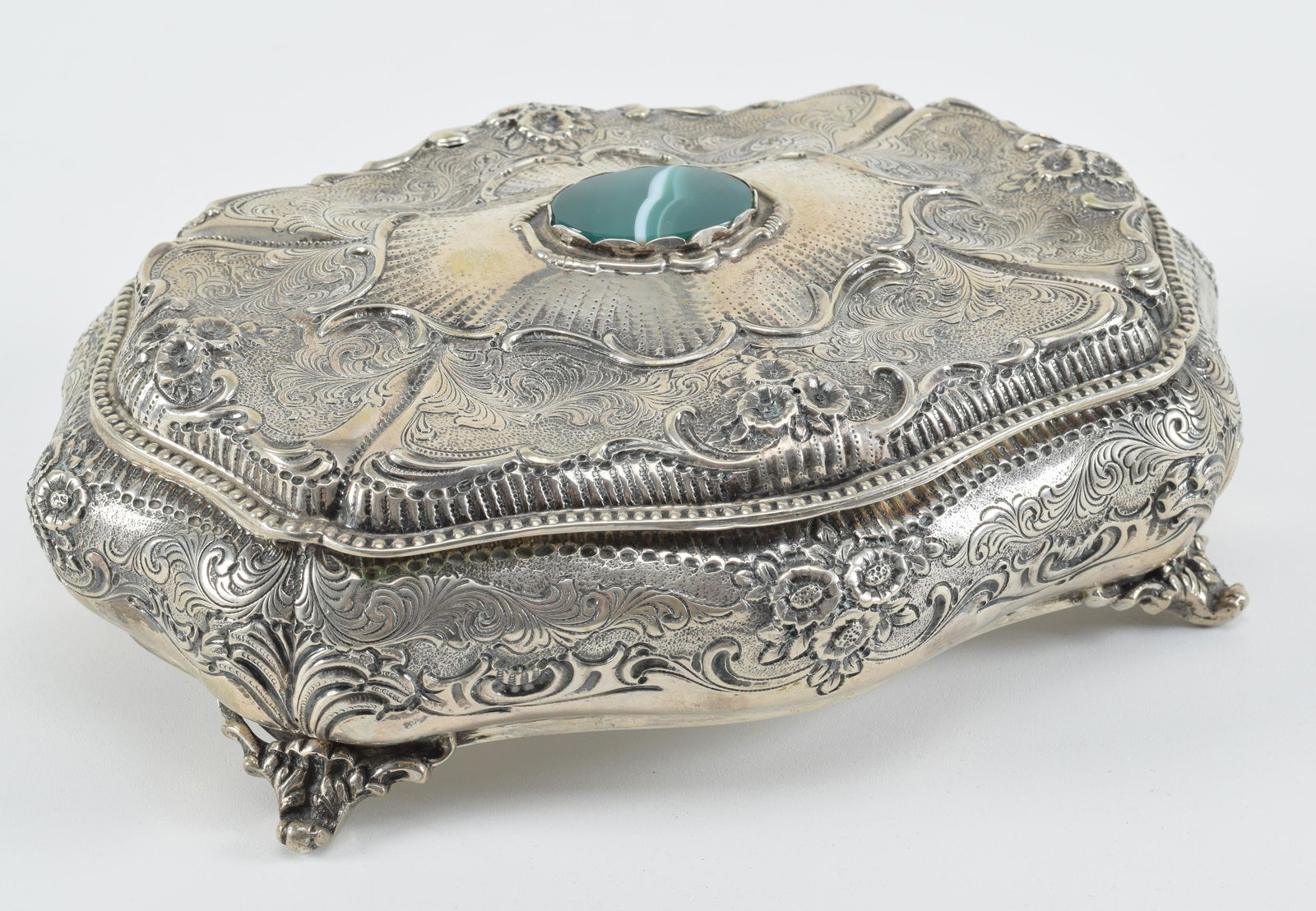 800 silver ornate covered box. Floral repousse flower and scroll decoration. Green agate? mounted (1 of 9)