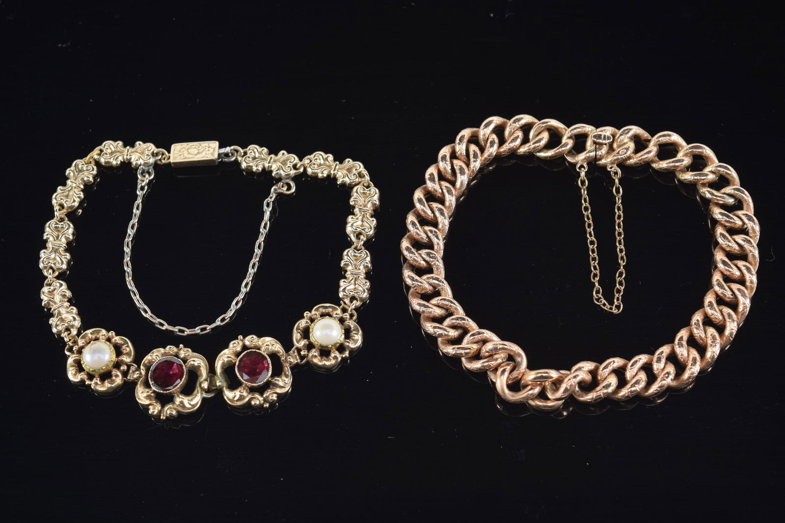 2 14K gold bracelets. 1) Amethyst and pearl mounted floral design. 2) Chain link bracelet. 19.3 (1 of 7)