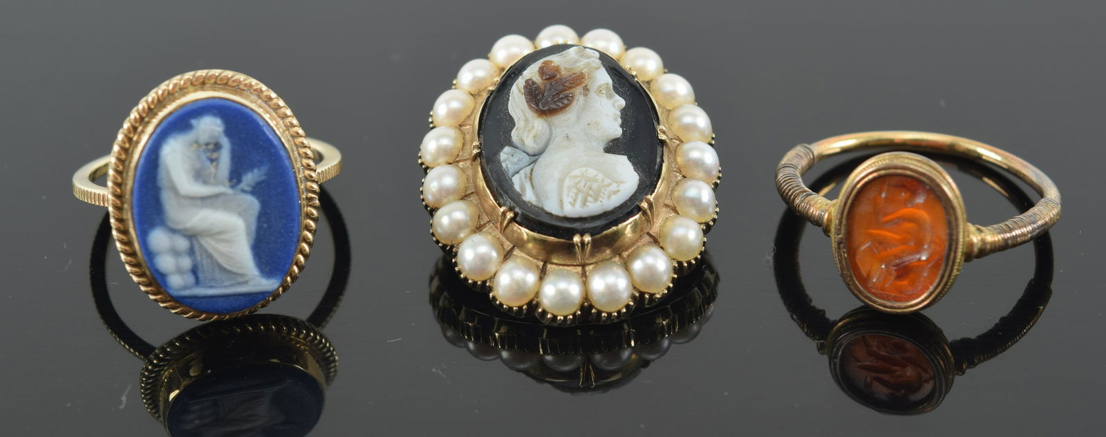 3 14K gold items. 1) Pearl set black cameo pin with hair mounts on back. Tests 14K. 2) Marked 14K (1 of 6)