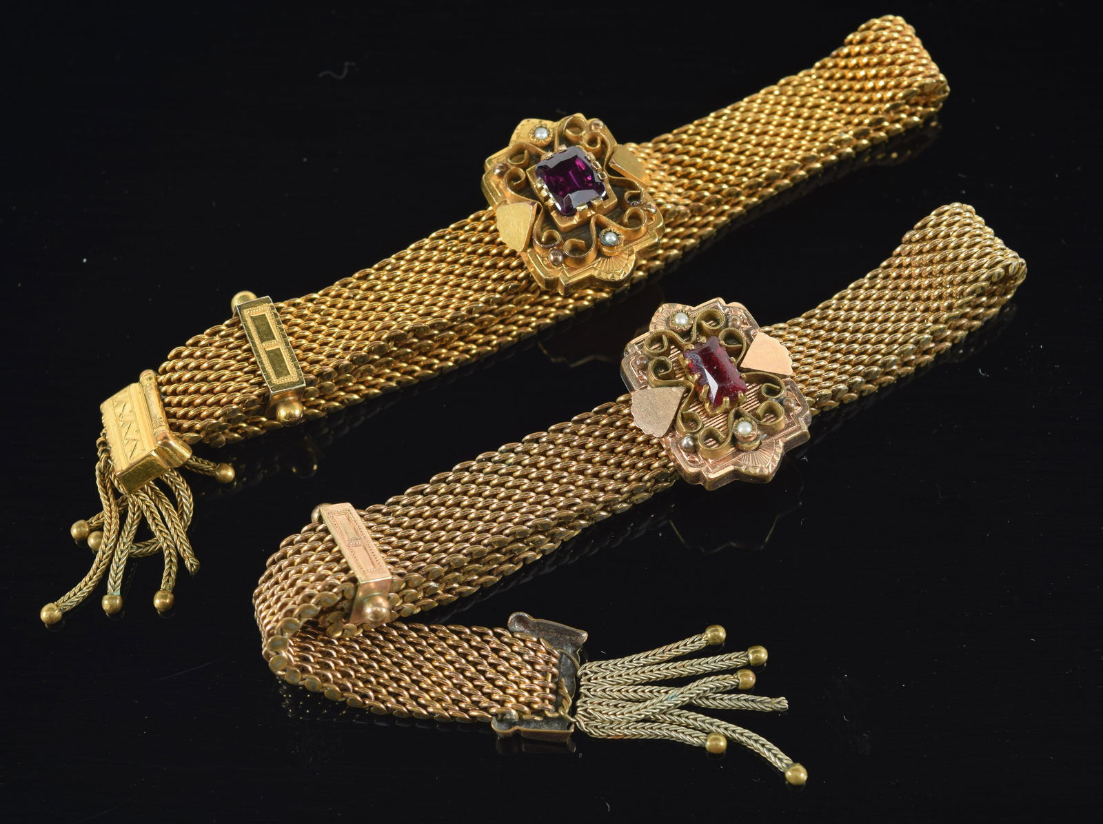 2 Victorian gold plated mesh bracelets set with pearls and red stones. (1 of 5)