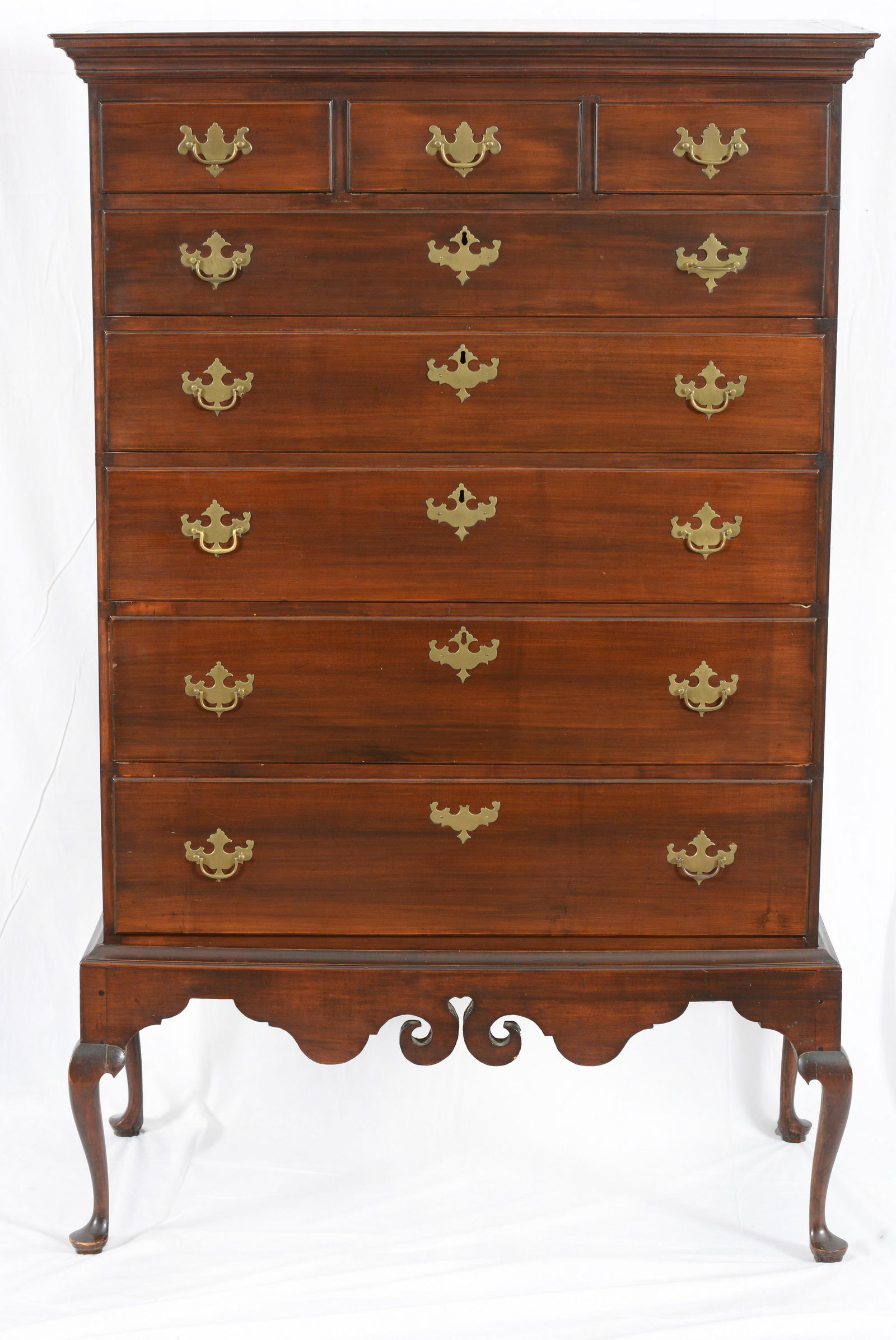 Queen Anne maple chest on frame, New Hampshire, circa 1780. Flare cornice above three short drawers (1 of 4)