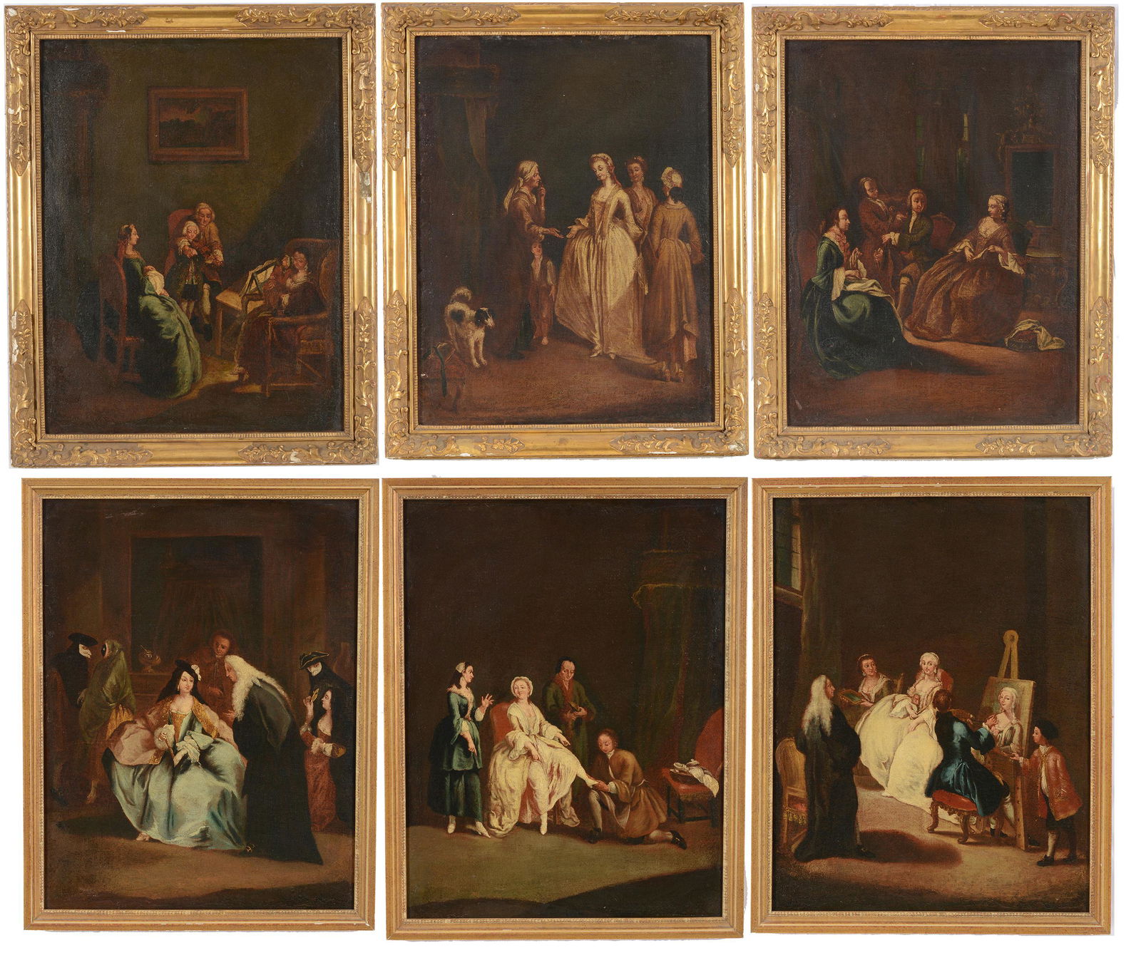 18th century Italian old master Pietro Longhi paintings. A set of 6 interior genre paintings: 18th century Italian old master Pietro Longhi paintings. A set of 6 interior genre paintings attributed to Pietro Longhi. Different scenes including: 1) The artist painting a portrait of a lady. 2) Ca