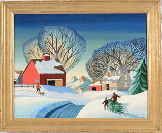 Dale Nichols. American. Winter farmyard scene with figures bringing back a freshly felled Christmas