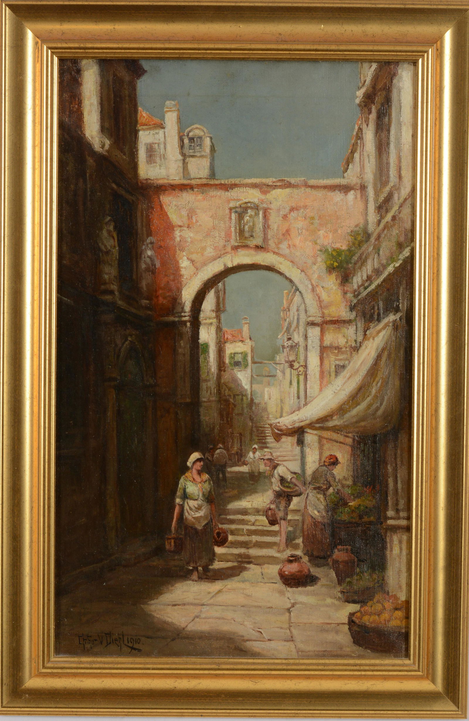 Arthur V. Diehl. Large Italian city alley market scene with figures. Oil on canvas. Signed and dated (1 of 8)