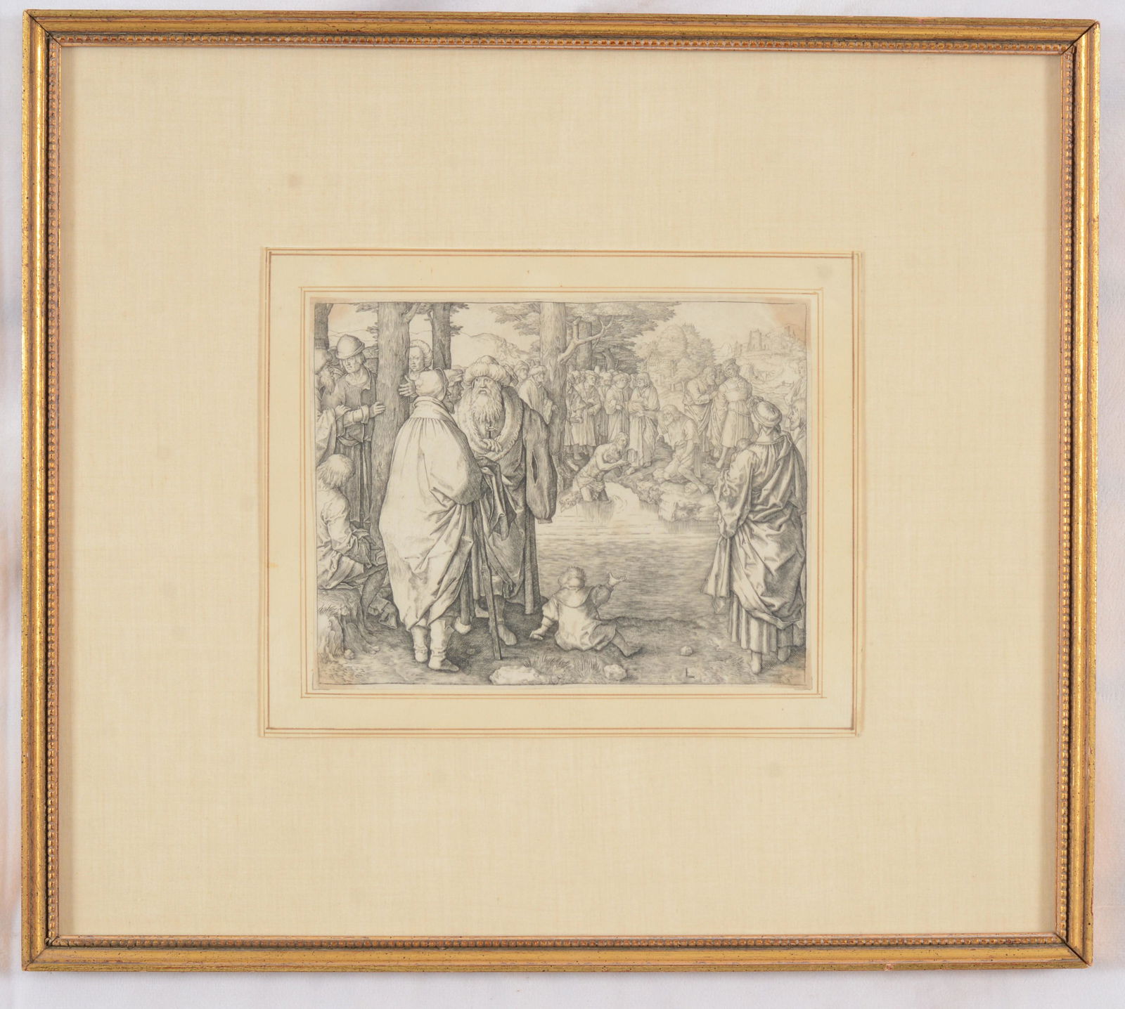 Lucas Van Leyden. The Baptism of Christ. Antique engraving. Laid down. Sight: 5.625 x 7.25in. (1 of 5)