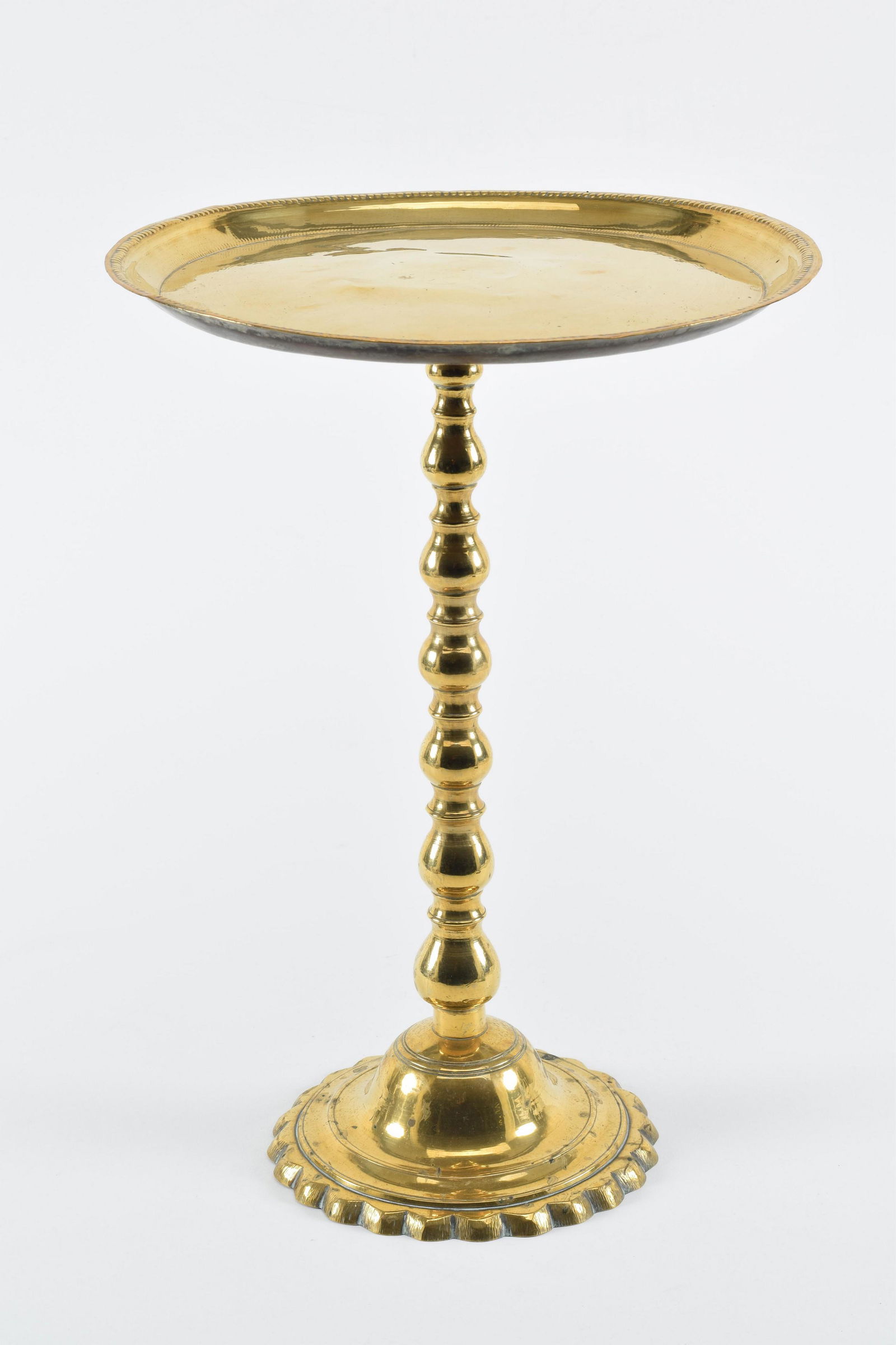 18th Century tall brass tazza with turned shaft and petal base. Height 16.25in Top diameter 11.75in: 18th Century tall brass tazza with turned shaft and petal base. Height 16.25in Top diameter 11.75in