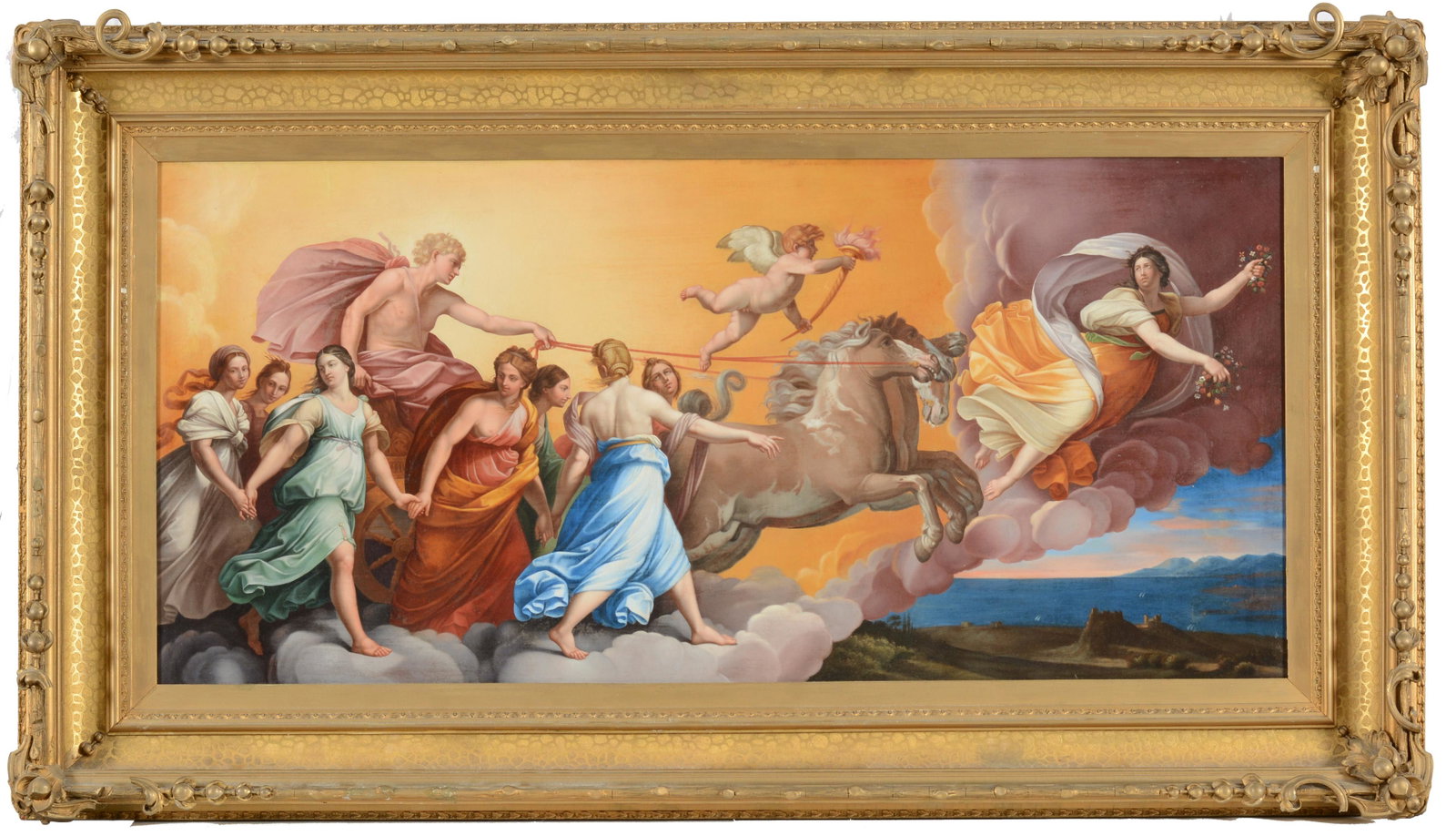 Large mid 19th century well done copy of Guido Reni's "Apollo on the Sun Chariot". Framed in an: Large mid 19th century well done copy of Guido Reni's "Apollo on the Sun Chariot". Framed in an original Hudson River gilt sand cove frame. Oil on canvas. Old reline. Sight: 21 x 44in. Overall: 31 x 5