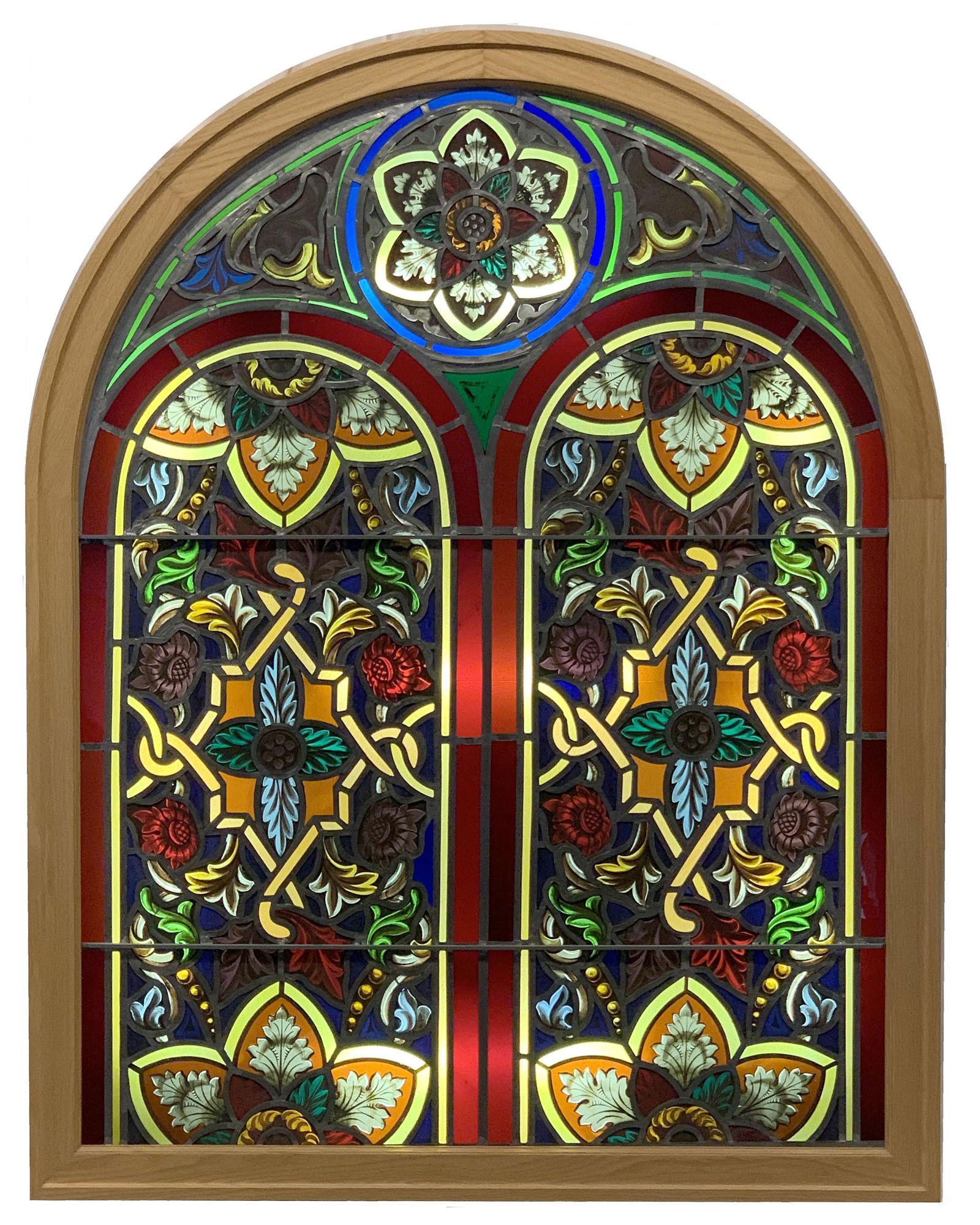 Impressive large antique stained glass panel with non-ecclesiastic geometric and foliate subject (1 of 1)