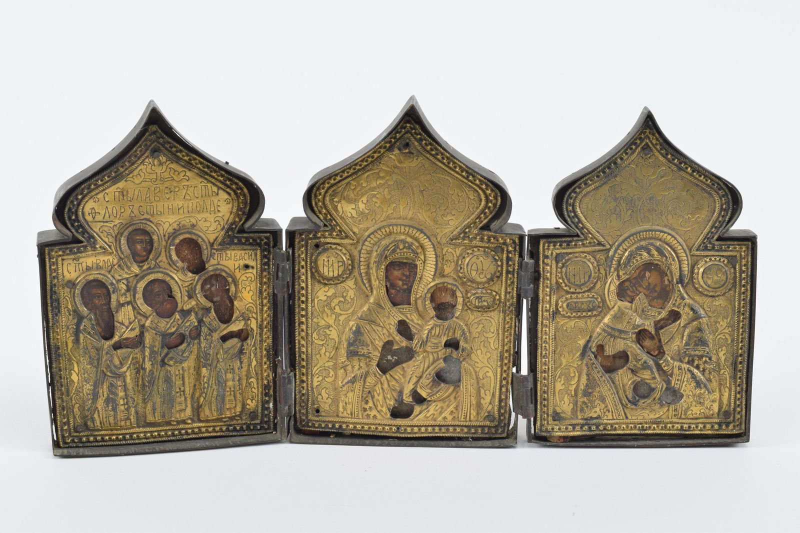 Russian Tryptic travel altar, 19th Century. Three part folding icons with images of saints and holy (1 of 6)