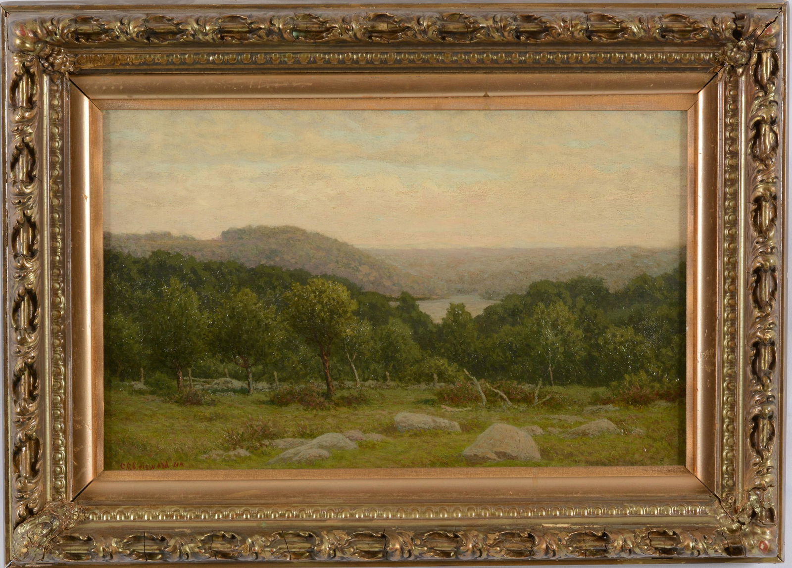 Casimir Griswold. American. Panoramic summer landscape with hills and lake. Oil on canvas. Signed: Casimir Griswold. American. Panoramic summer landscape with hills and lake. Oil on canvas. Signed lower left and "N.A.". Framed. Relined. Sight: 14 x 22in. Overall: 20 x 28in.
