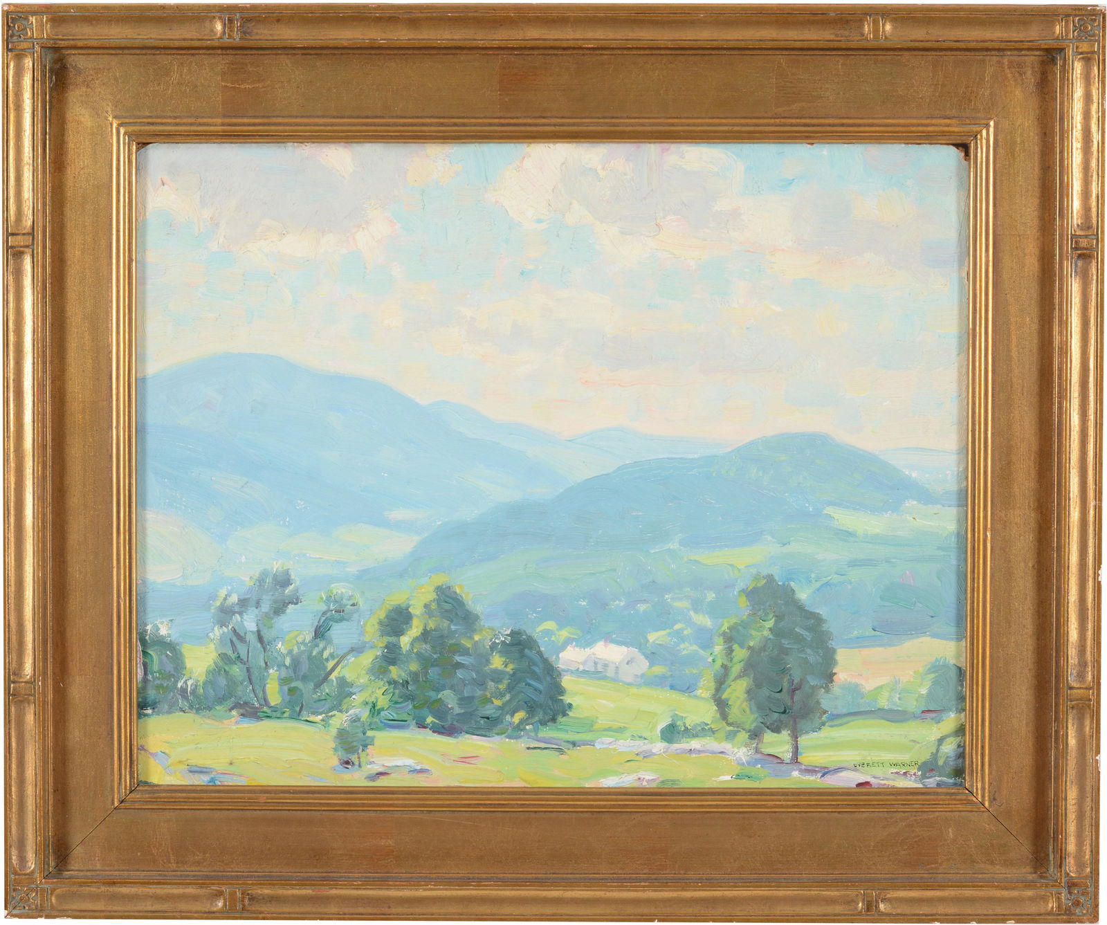 Everett Longley Warner. New Hampshire mountain valley landscape with house. Oil on board. Signed: Everett Longley Warner. New Hampshire mountain valley landscape with house. Oil on board. Signed lower right. Framed. Original arts and crafts frame. Lyme Art Association label on reverse. Possibly We