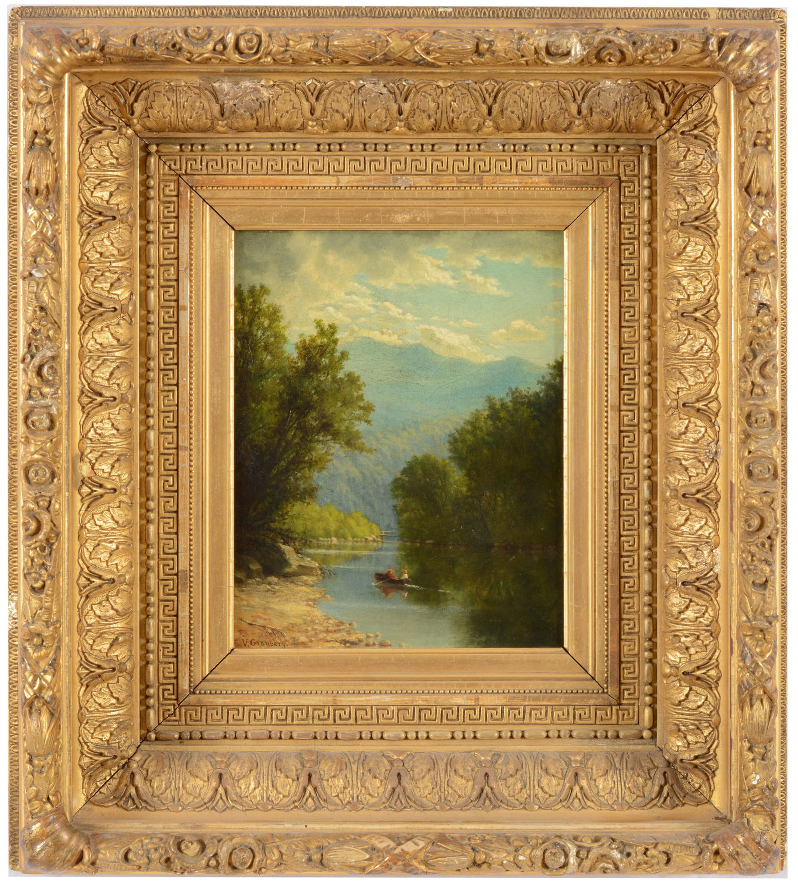 Virginia Granbery. 19th century Adirondack mountain river landscape. Figures in a boat. Oil on (1 of 8)